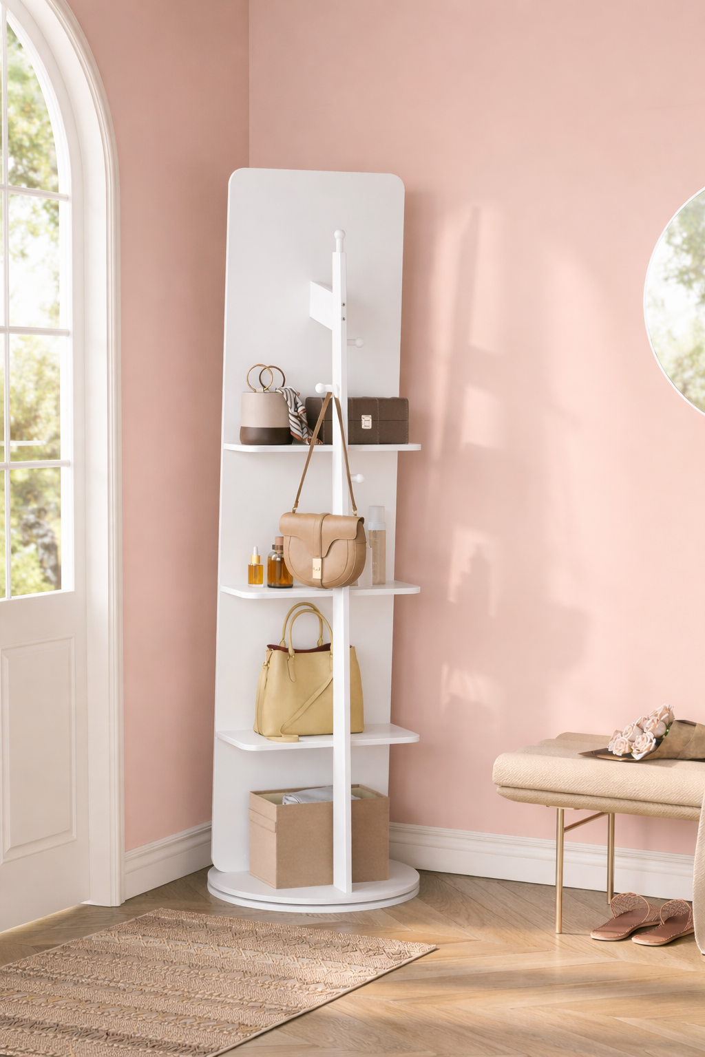 SONGMICS Oglinda inalta rotativa 360°, 2 in 1 cu rafturi si cuier in spate, MDF, sticla securizata, 45x45x163 cm, alb