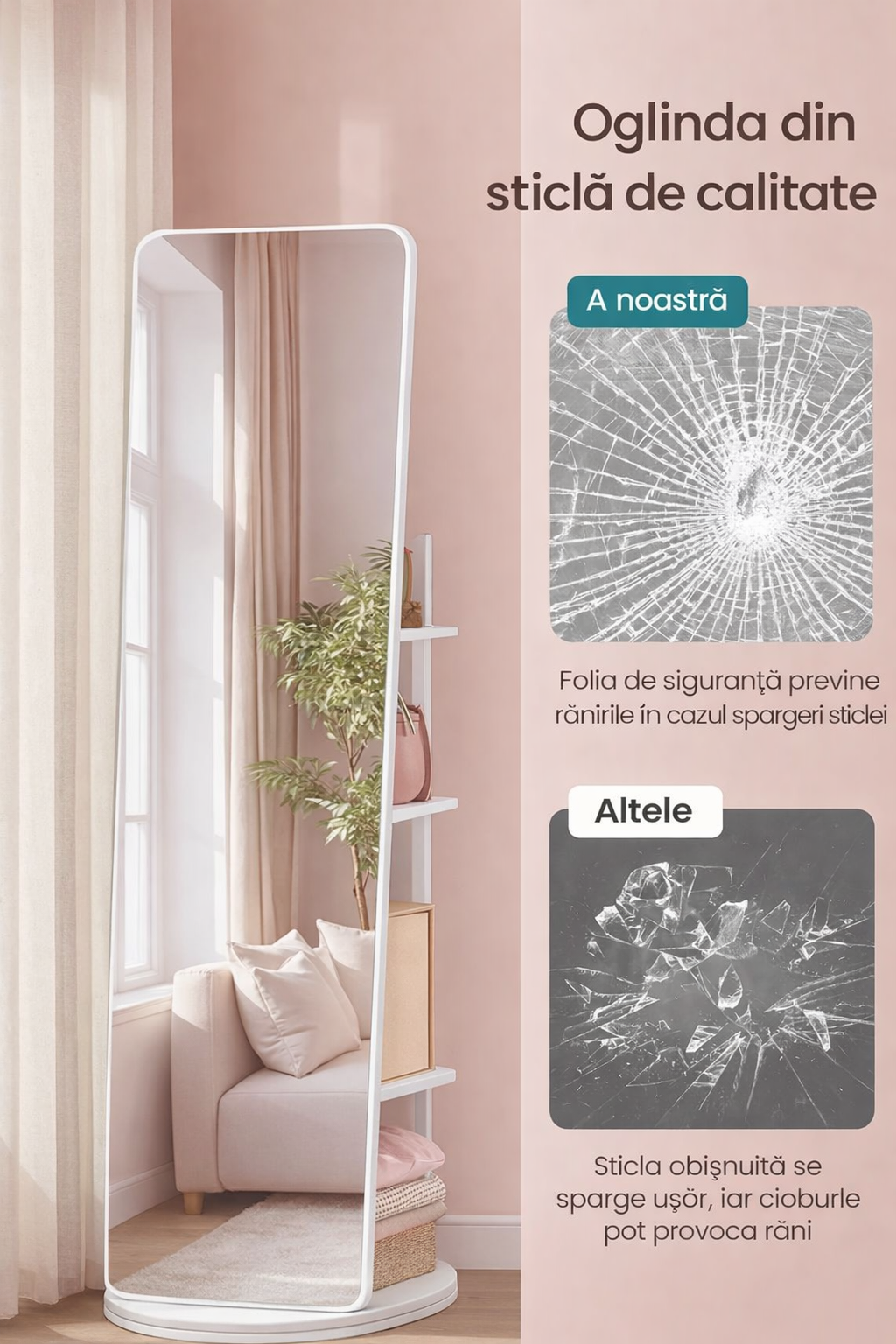 SONGMICS Oglinda inalta rotativa 360°, 2 in 1 cu rafturi si cuier in spate, MDF, sticla securizata, 45x45x163 cm, alb
