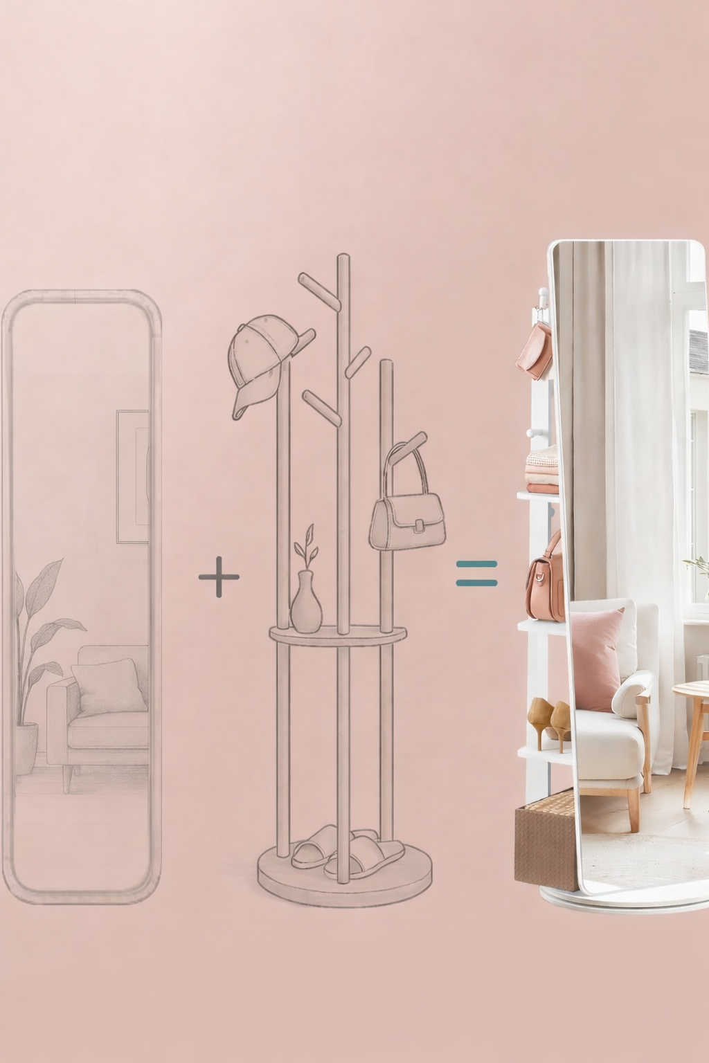 SONGMICS Oglinda inalta rotativa 360°, 2 in 1 cu rafturi si cuier in spate, MDF, sticla securizata, 45x45x163 cm, alb