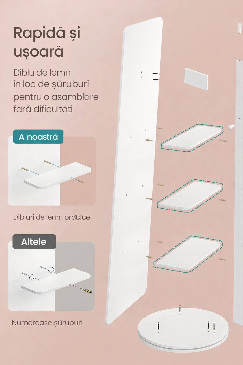 SONGMICS Oglinda inalta rotativa 360°, 2 in 1 cu rafturi si cuier in spate, MDF, sticla securizata, 45x45x163 cm, alb