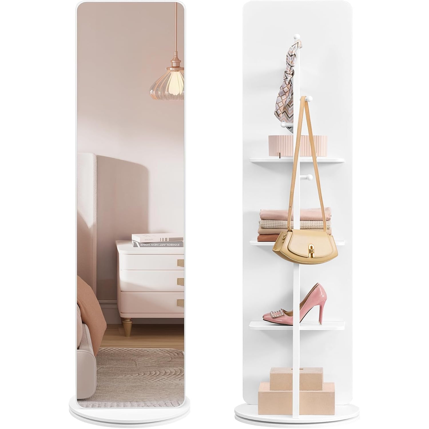 SONGMICS Oglinda inalta rotativa 360°, 2 in 1 cu rafturi si cuier in spate, MDF, sticla securizata, 45x45x163 cm, alb