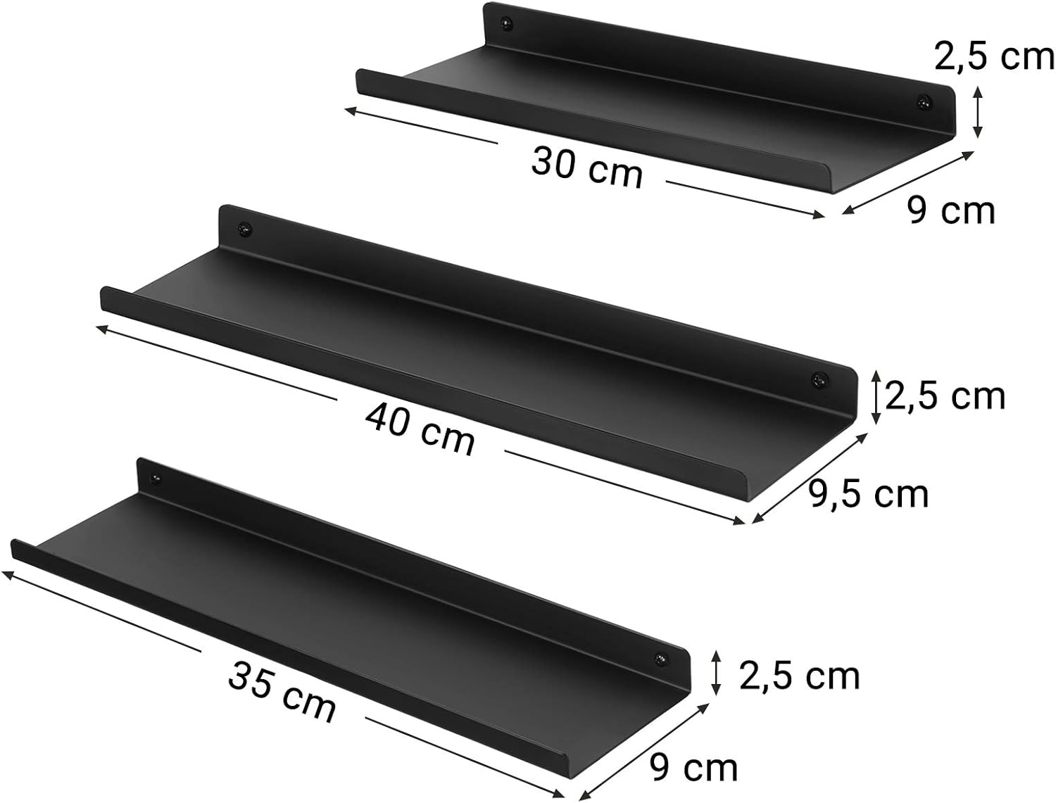 SONGMICS Set 3 rafturi perete metalice, montaj suspendat, stil industrial, 40x10x2,5 cm, negru