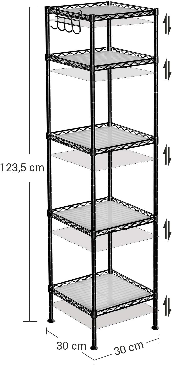 SONGMICS Raft metalic 30x30x124 cm, 5 niveluri, rafturi ajustabile si carlige incluse, structura otel si plastic, negru
