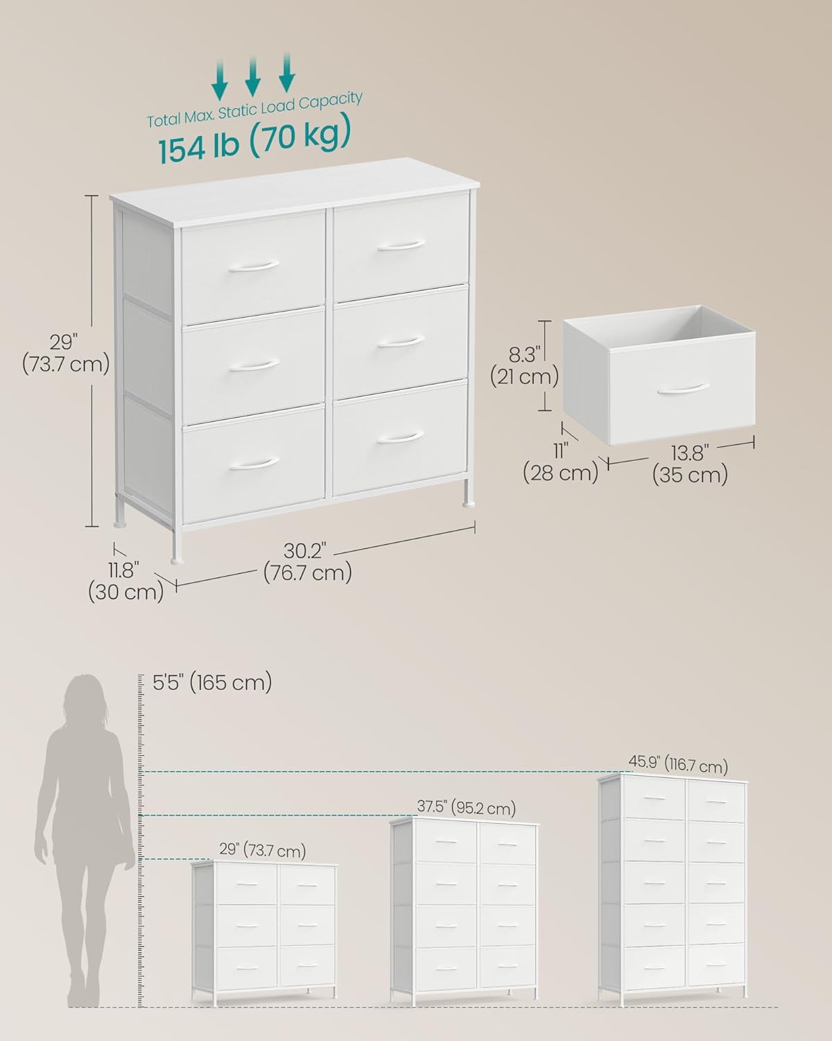 SONGMICS Comoda cu cadru metalic si blat MDF, 6 sertare textile, 77x30x74 cm, alb