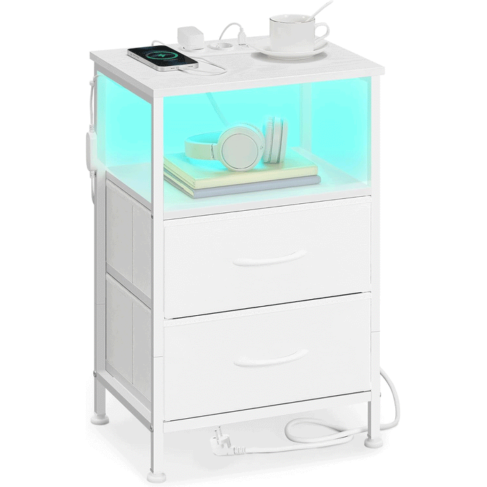 SONGMICS Noptiera cu statie de incarcare si iluminare LED, 2 sertare si raft deschis, control aplicatie, 40x35x60 cm