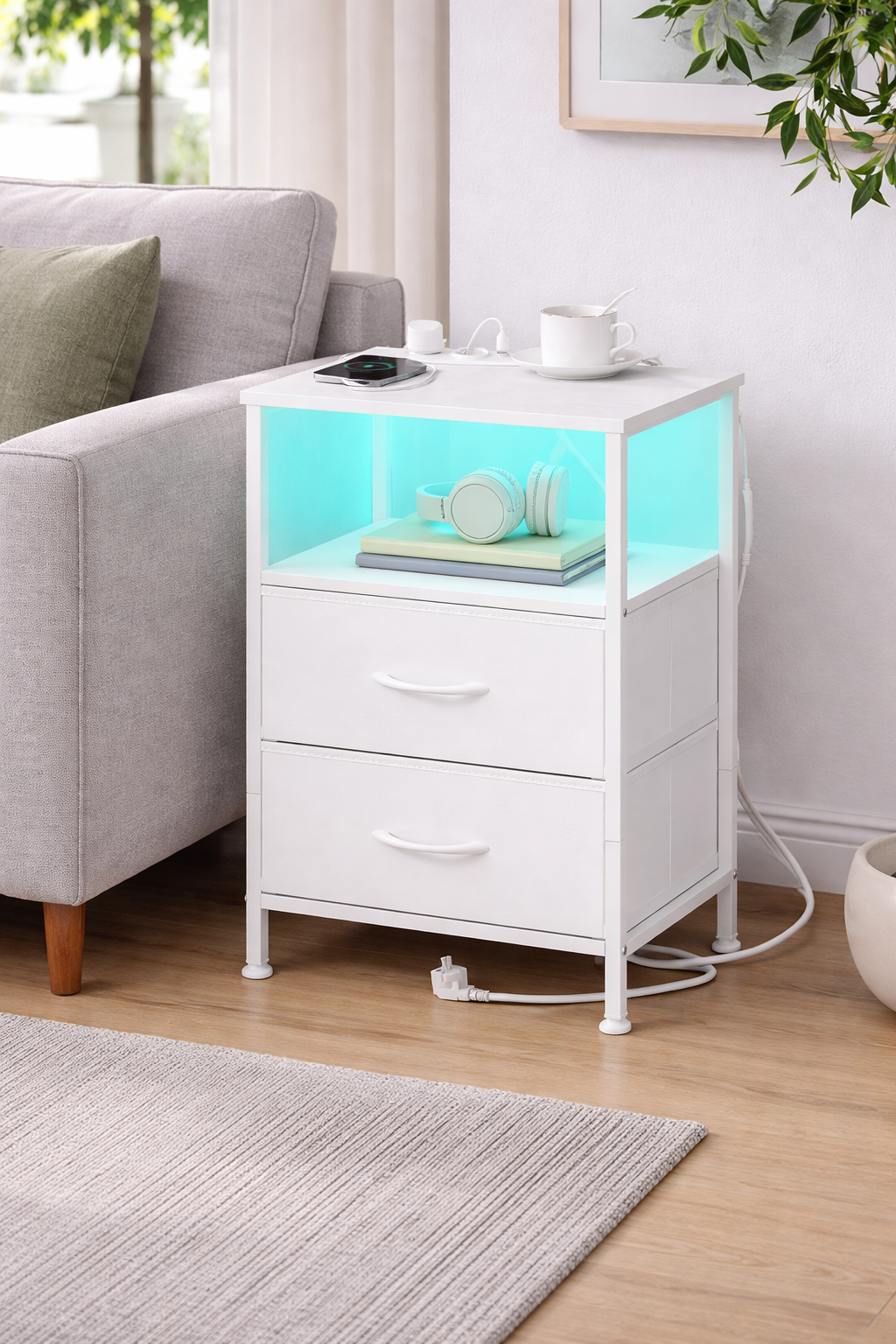 SONGMICS Noptiera cu statie de incarcare si iluminare LED, 2 sertare si raft deschis, control aplicatie, 40x35x60 cm, alb