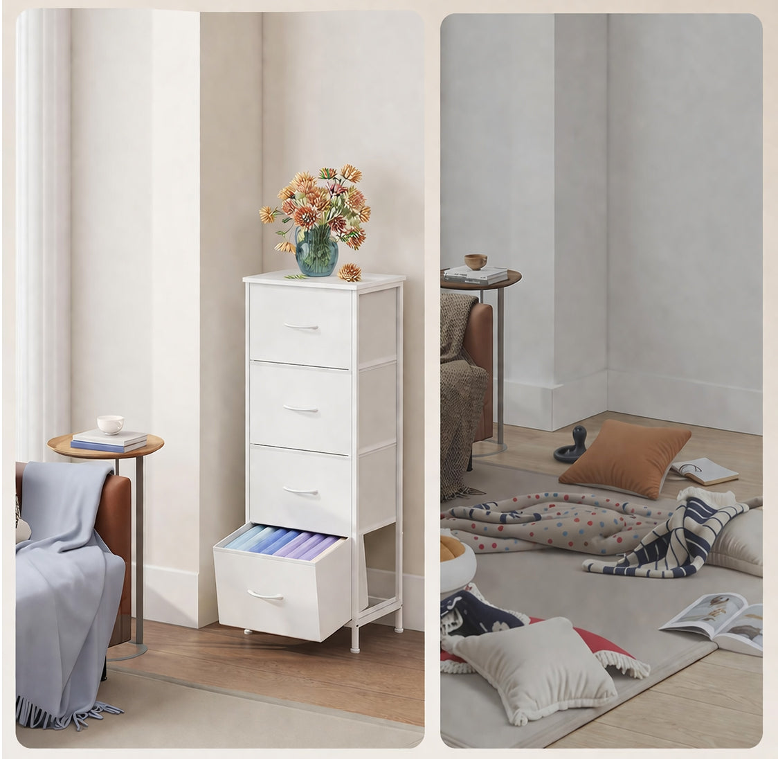 SONGMICS Comoda cu 4 sertare textile, cadru metalic si blat MDF, 40x30x95 cm, alb