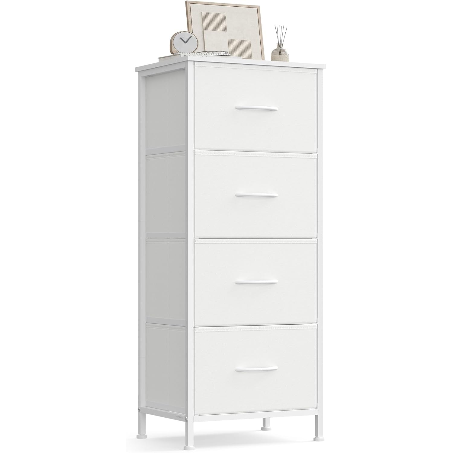 SONGMICS Comoda cu 4 sertare textile, cadru metalic si blat MDF, 40x30x95 cm, alb