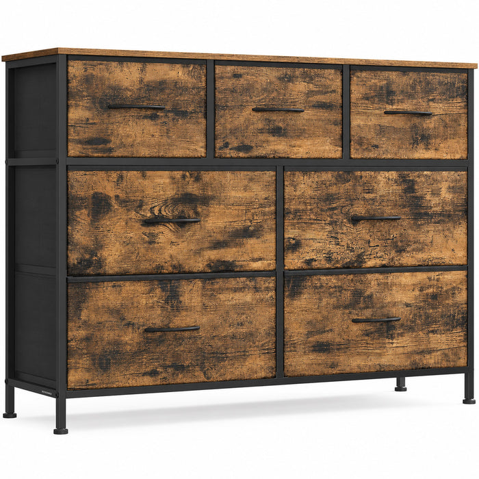 SONGMICS Comoda cu 7 sertare, cadru metalic si blat MDF, sertare textile, 99x30x74 cm, maro rustic - BazarOltenia
