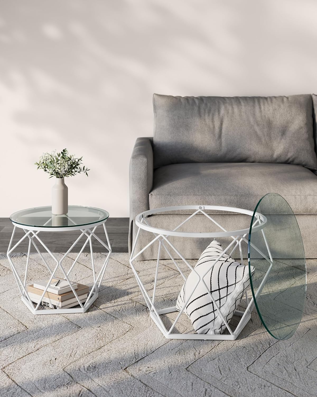 VASAGLE Set 2 masute rotunde, blat sticla securizata, cadru metalic alb, 40 si 50 cm, alb