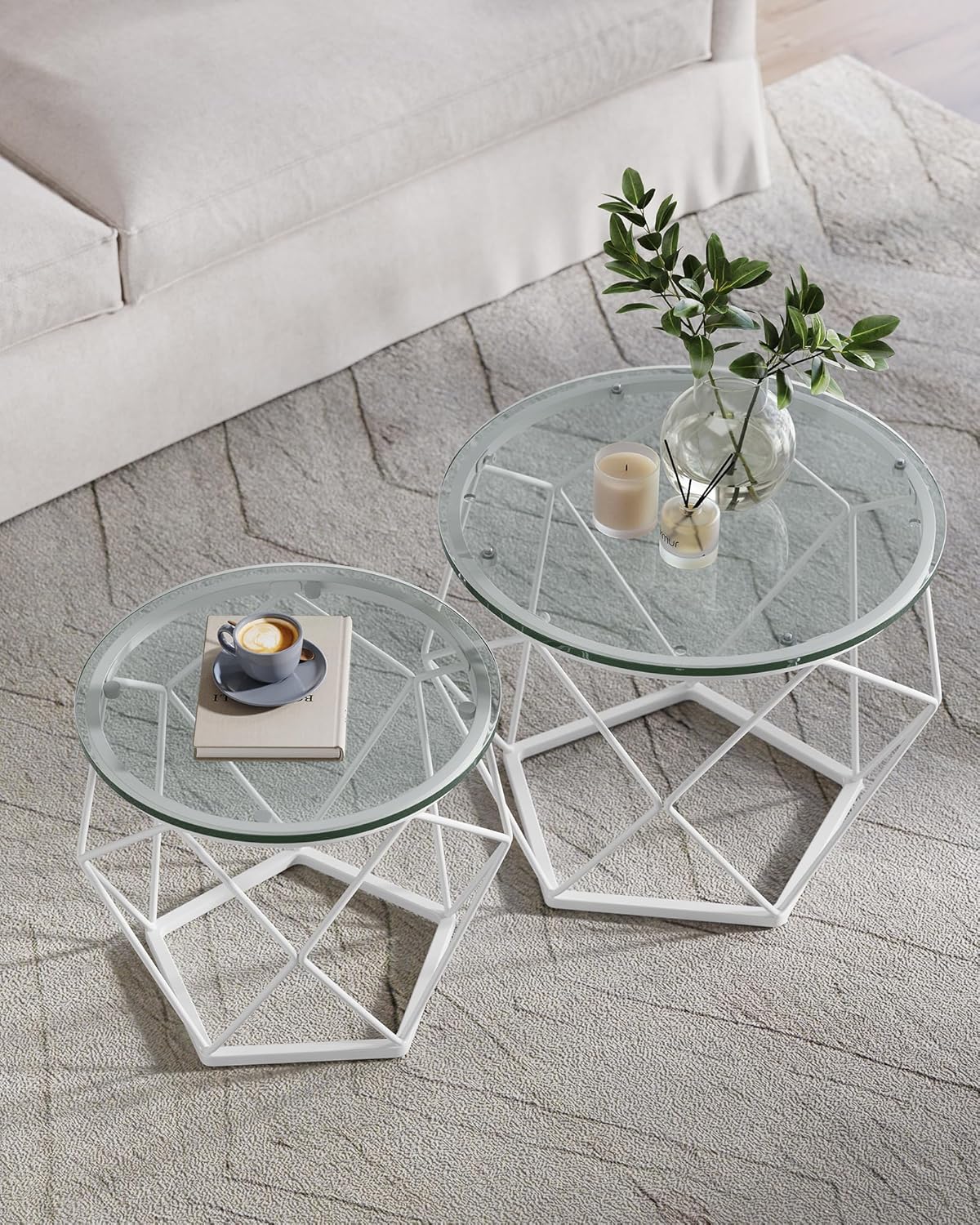 VASAGLE Set 2 masute rotunde, blat sticla securizata, cadru metalic alb, 40 si 50 cm, alb