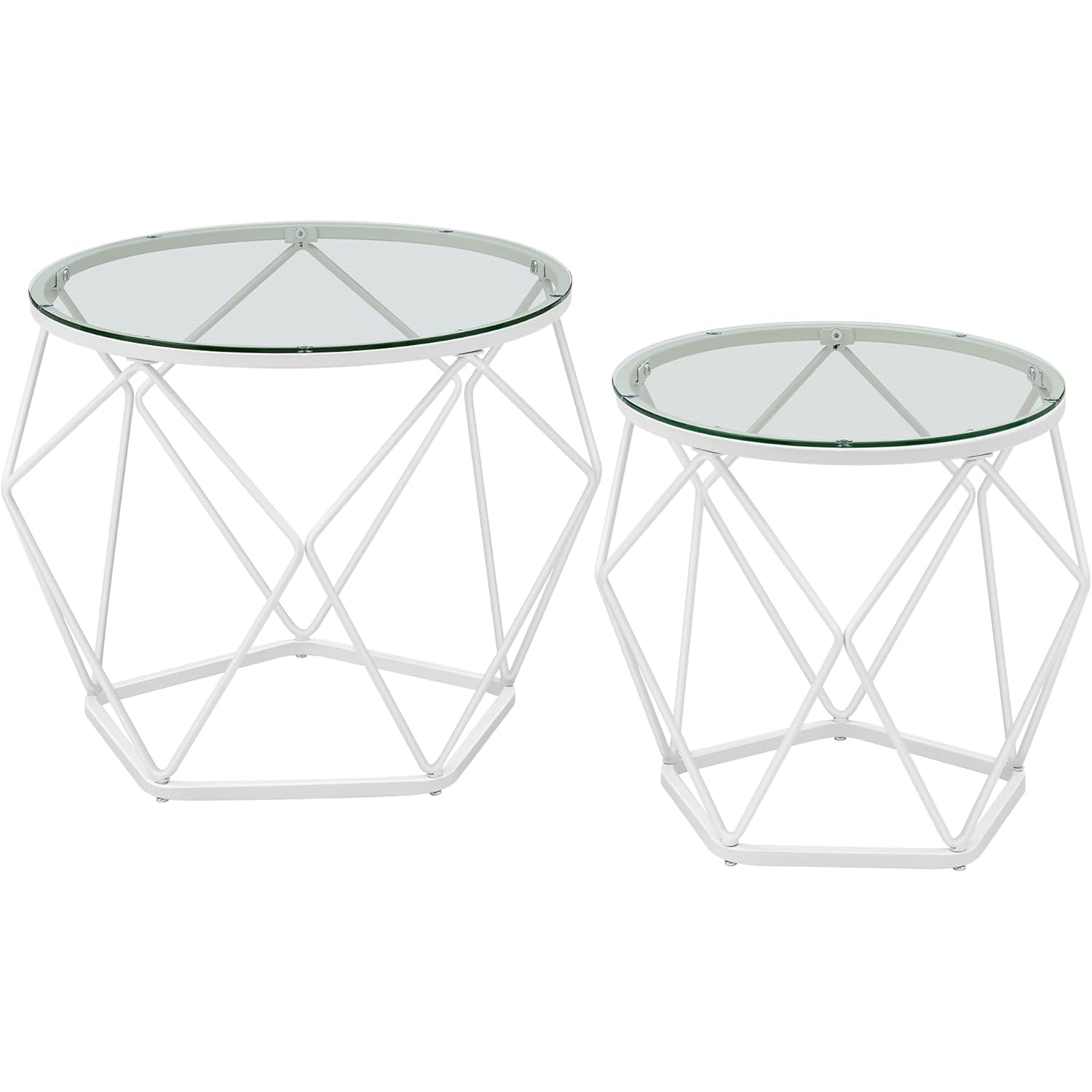 VASAGLE Set 2 masute rotunde, blat sticla securizata, cadru metalic alb, 40 si 50 cm, alb