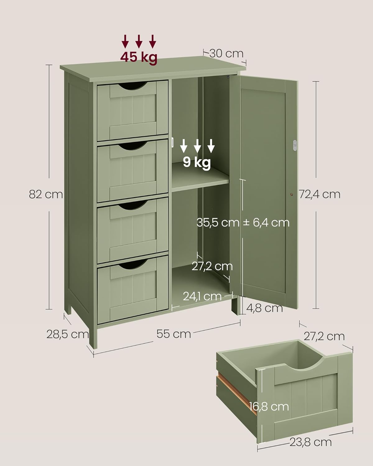 VASAGLE Dulap de depozitare pe podea pentru baie, MDF, cu 4 sertare, 1 usa, rafturi reglabile, 30x55x82cm, verde
