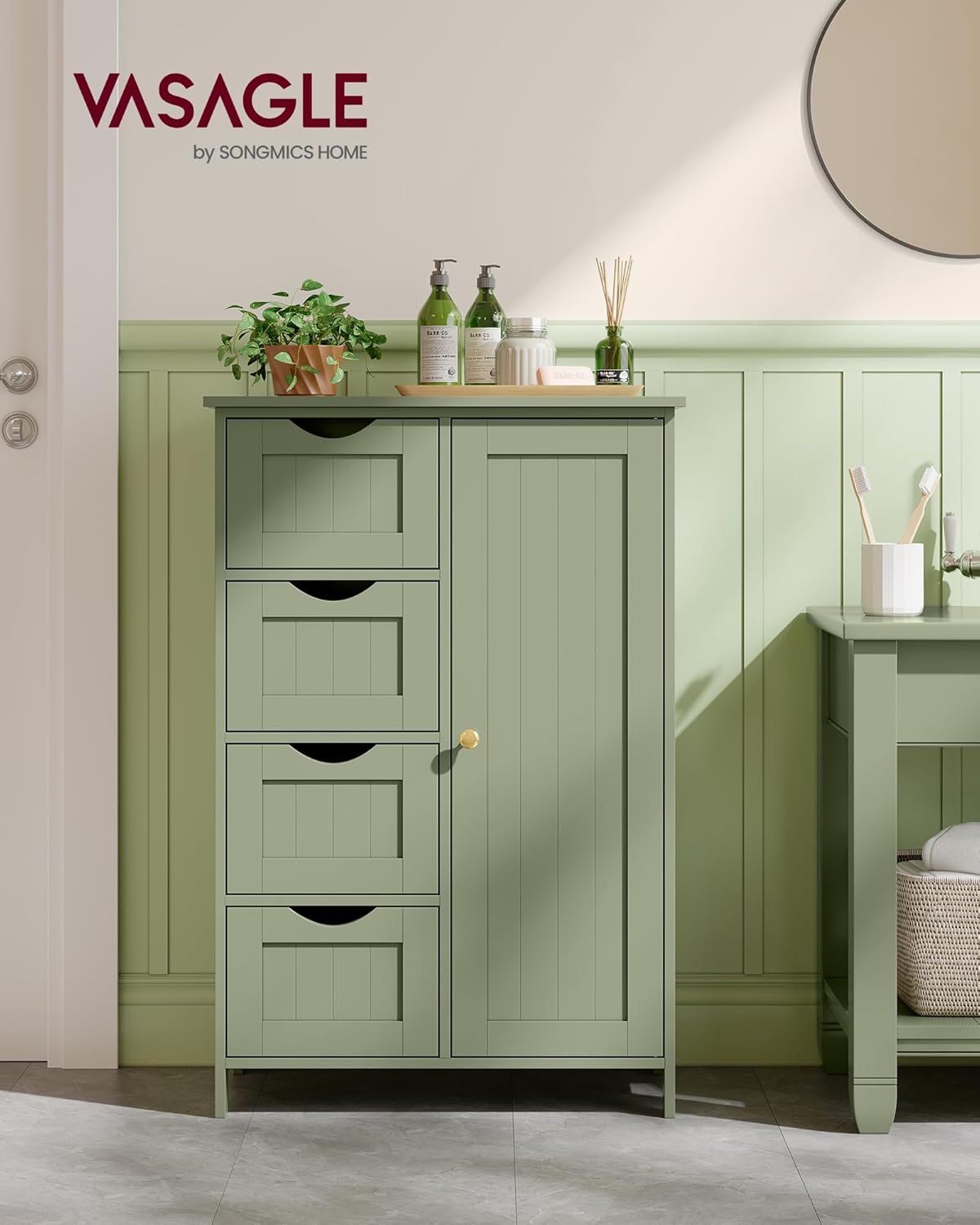 VASAGLE Dulap de depozitare pe podea pentru baie, MDF, cu 4 sertare, 1 usa, rafturi reglabile, 30x55x82cm, verde