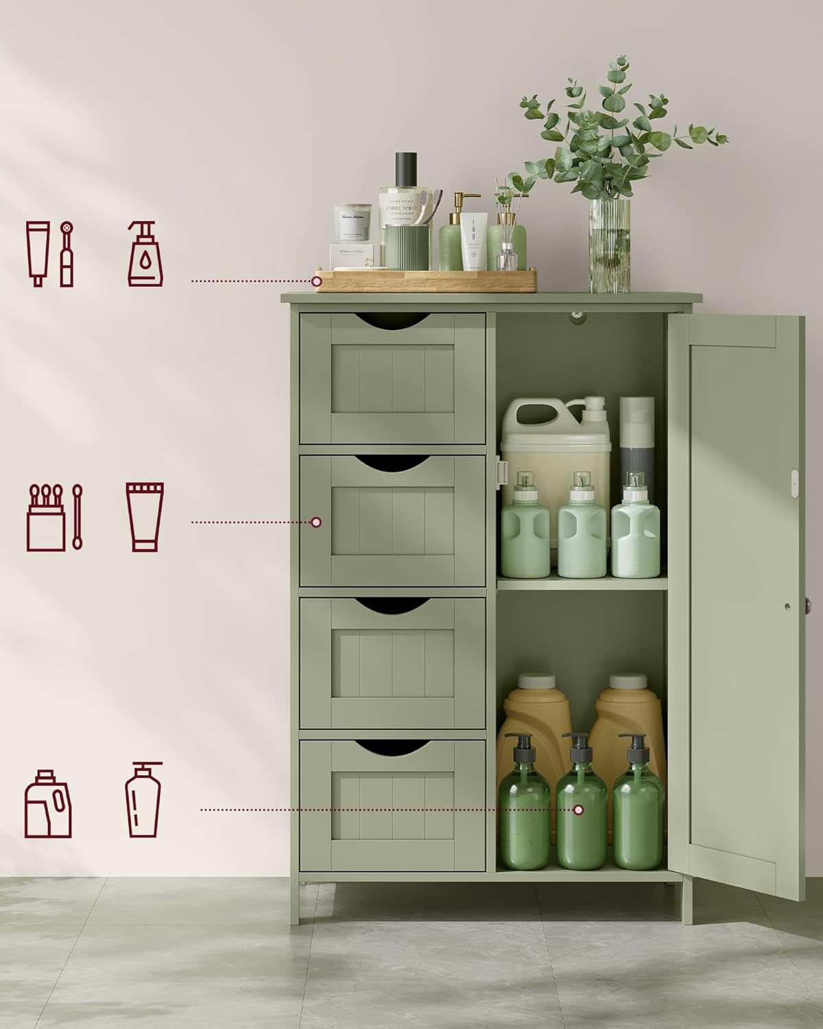 VASAGLE Dulap de depozitare pe podea pentru baie, MDF, cu 4 sertare, 1 usa, rafturi reglabile, 30x55x82cm, verde