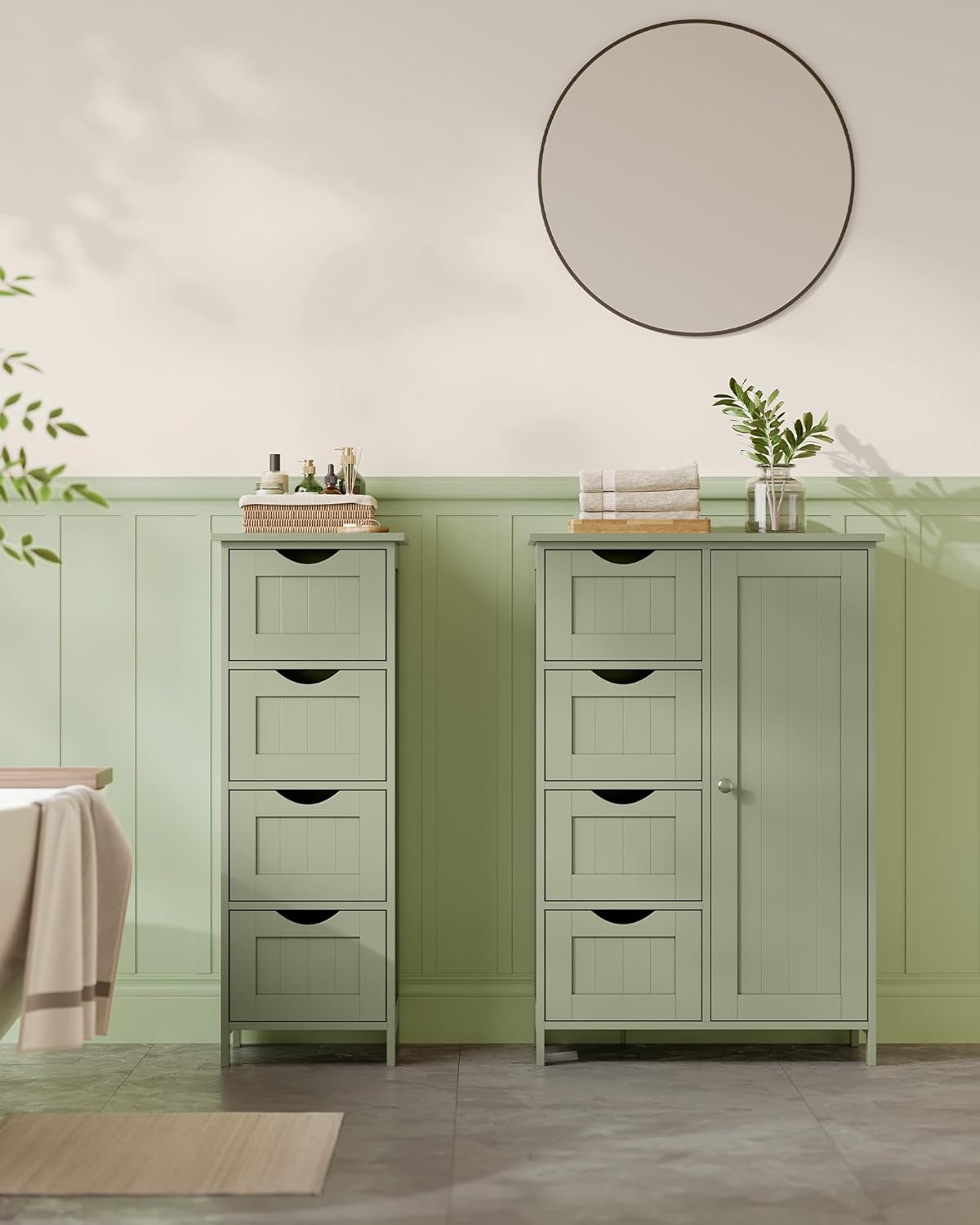 VASAGLE Dulap de depozitare pe podea pentru baie, MDF, cu 4 sertare, 1 usa, rafturi reglabile, 30x55x82cm, verde