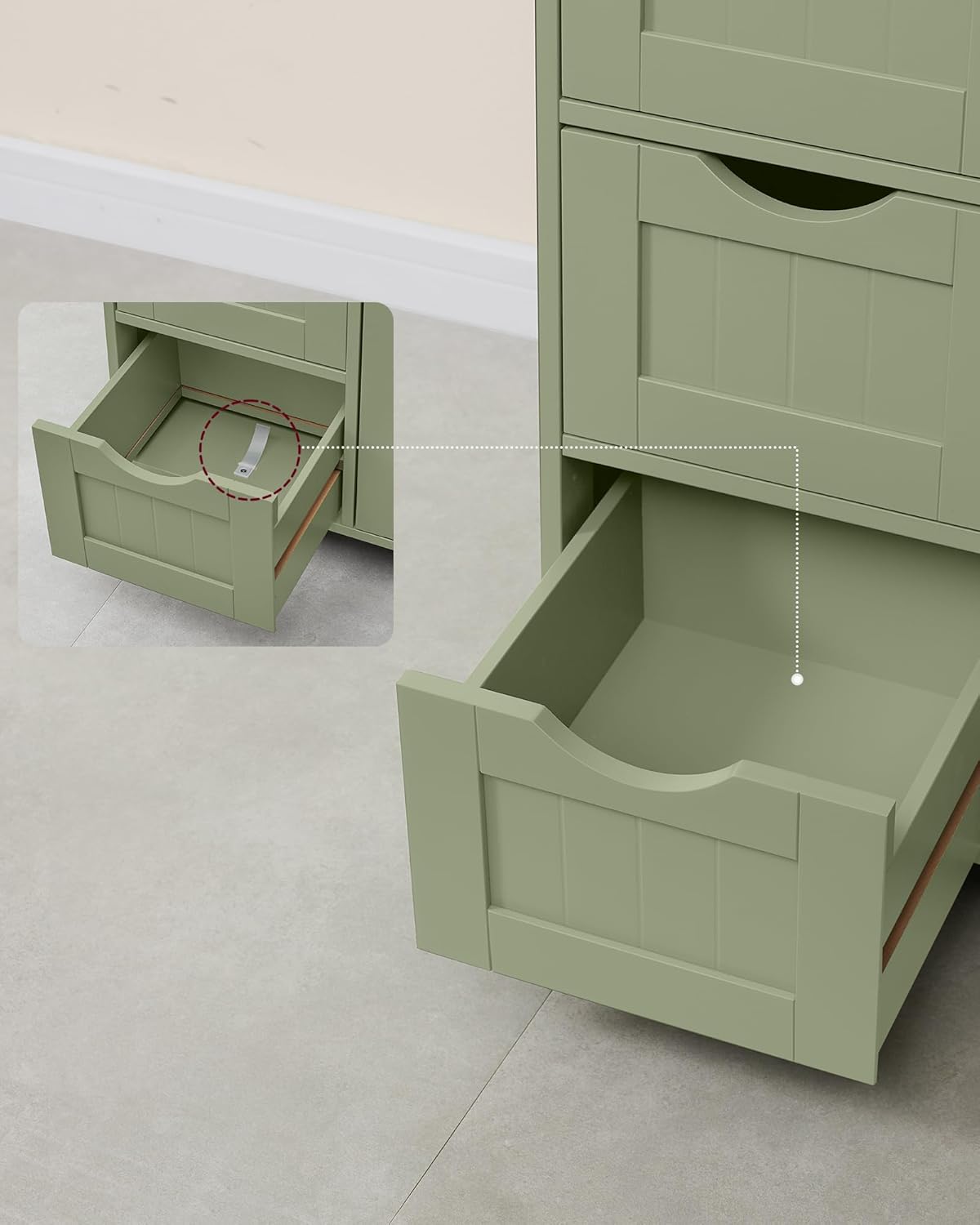 VASAGLE Dulap de depozitare pe podea pentru baie, MDF, cu 4 sertare, 1 usa, rafturi reglabile, 30x55x82cm, verde