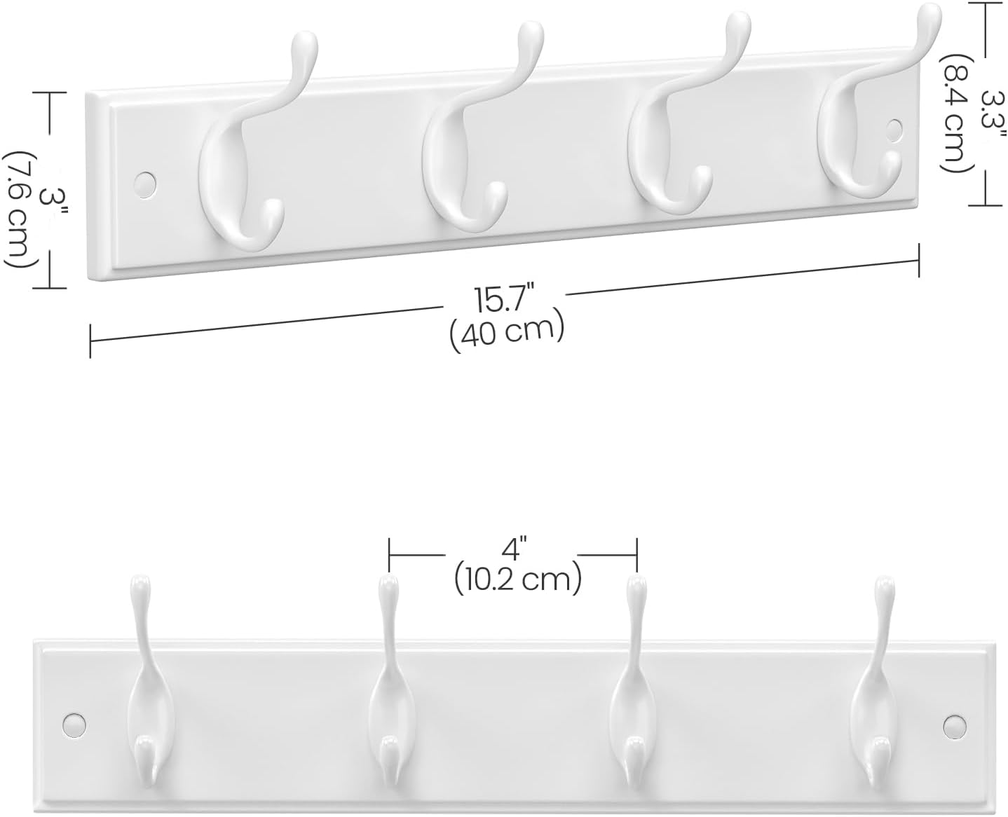 SONGMICS Cuier perete cu 4 carlige duble metalice, MDF, montaj pe perete, 40x8 cm, alb