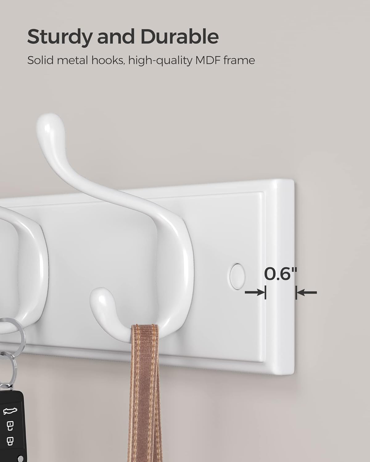 SONGMICS Cuier perete cu 4 carlige duble metalice, MDF, montaj pe perete, 40x8 cm, alb