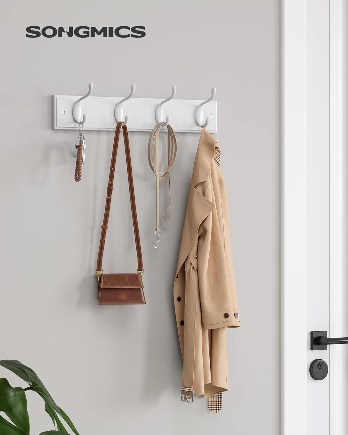 SONGMICS Cuier perete cu 4 carlige duble metalice, MDF, montaj pe perete, 40x8 cm, alb
