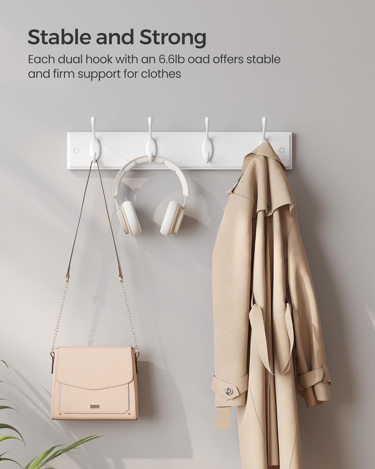 SONGMICS Cuier perete cu 4 carlige duble metalice, MDF, montaj pe perete, 40x8 cm, alb