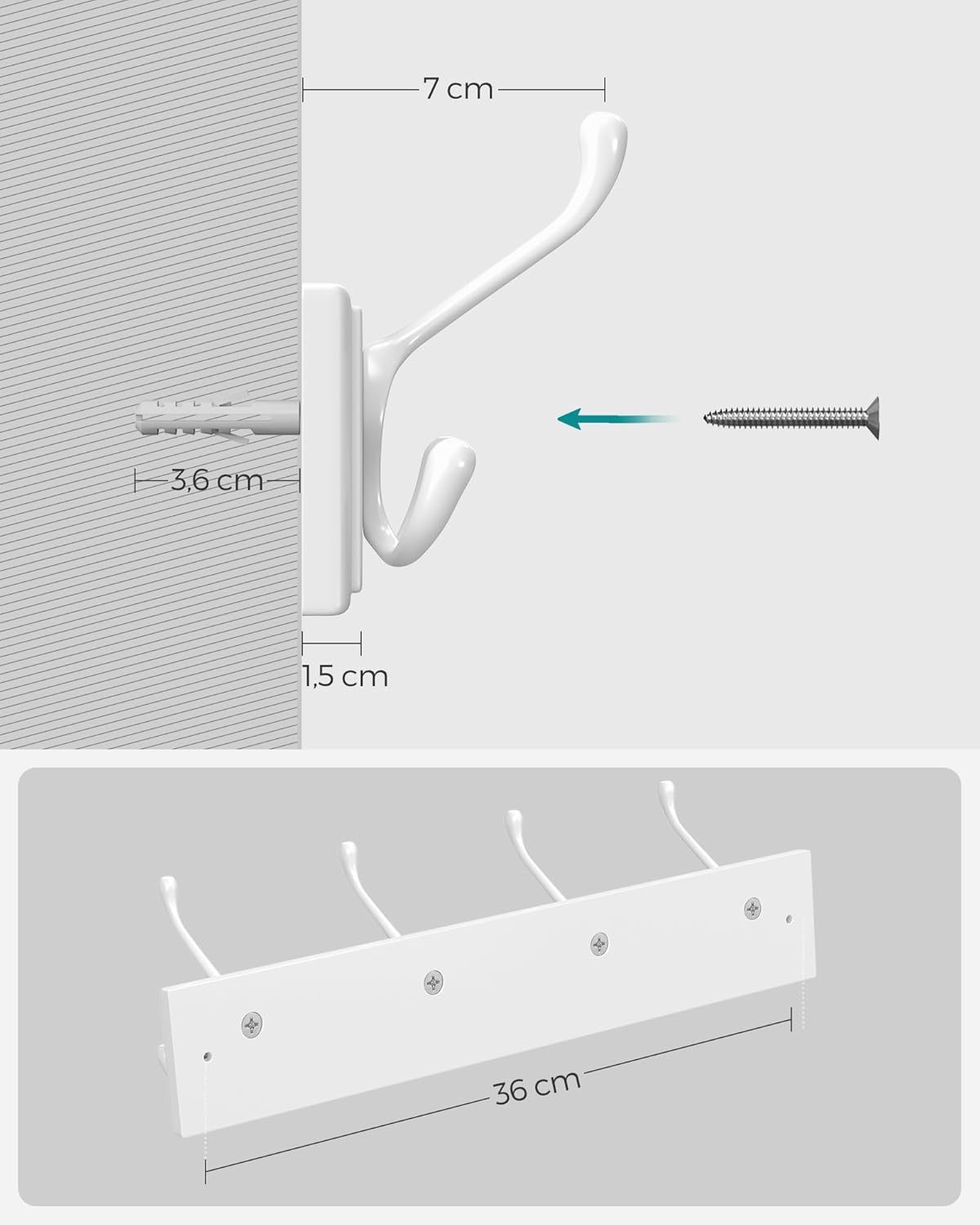 SONGMICS Cuier perete cu 4 carlige triple, MDF si aliaj zinc, 40x11 cm, alb