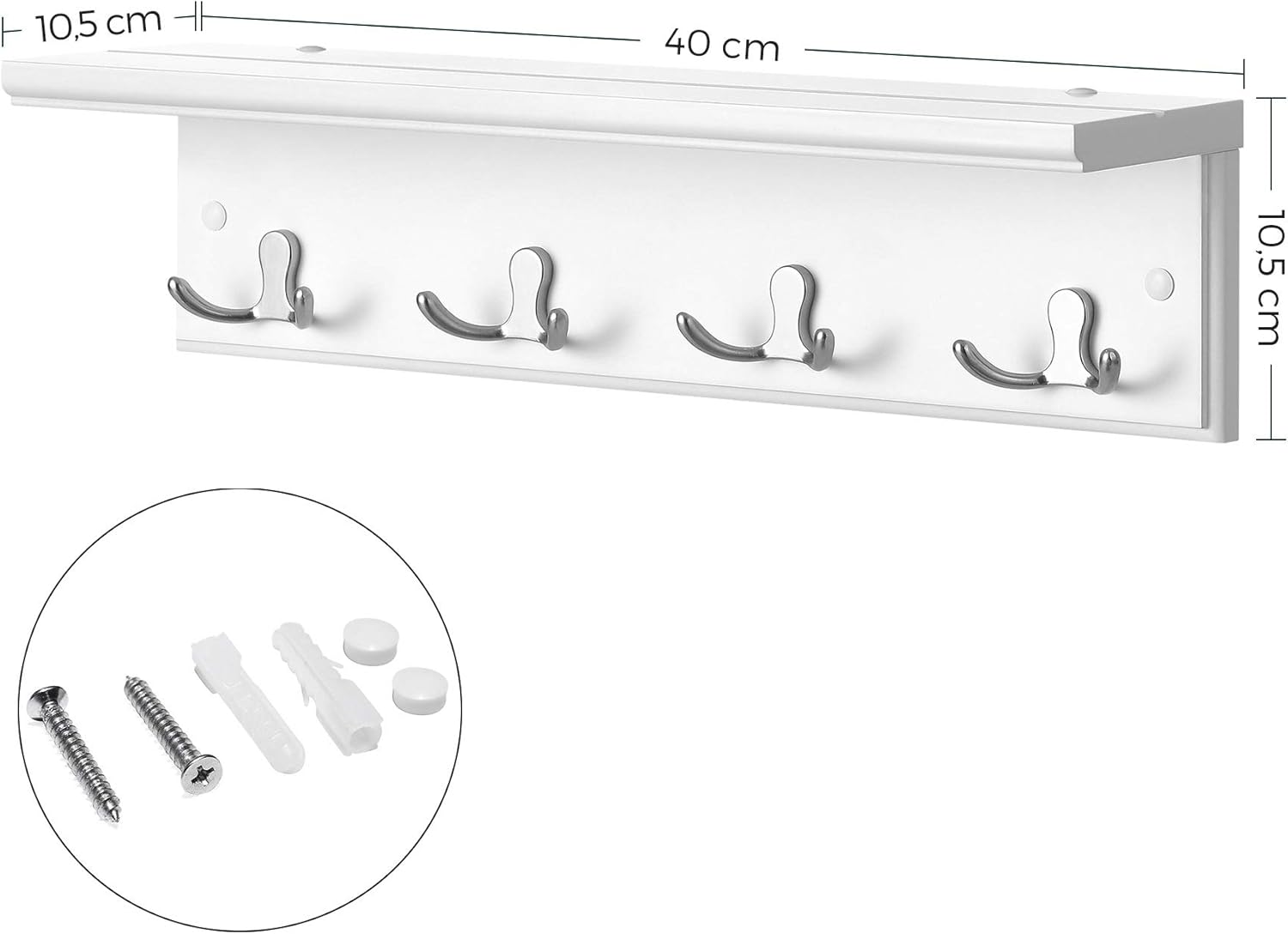 SONGMICS Cuier perete cu raft, 4 carlige duble metalice, MDF, 42x11x15 cm, alb