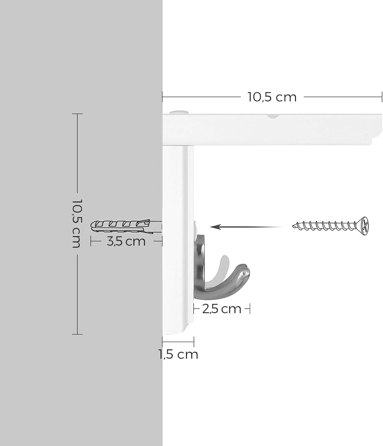 SONGMICS Cuier perete cu raft, 4 carlige duble metalice, MDF, 42x11x15 cm, alb