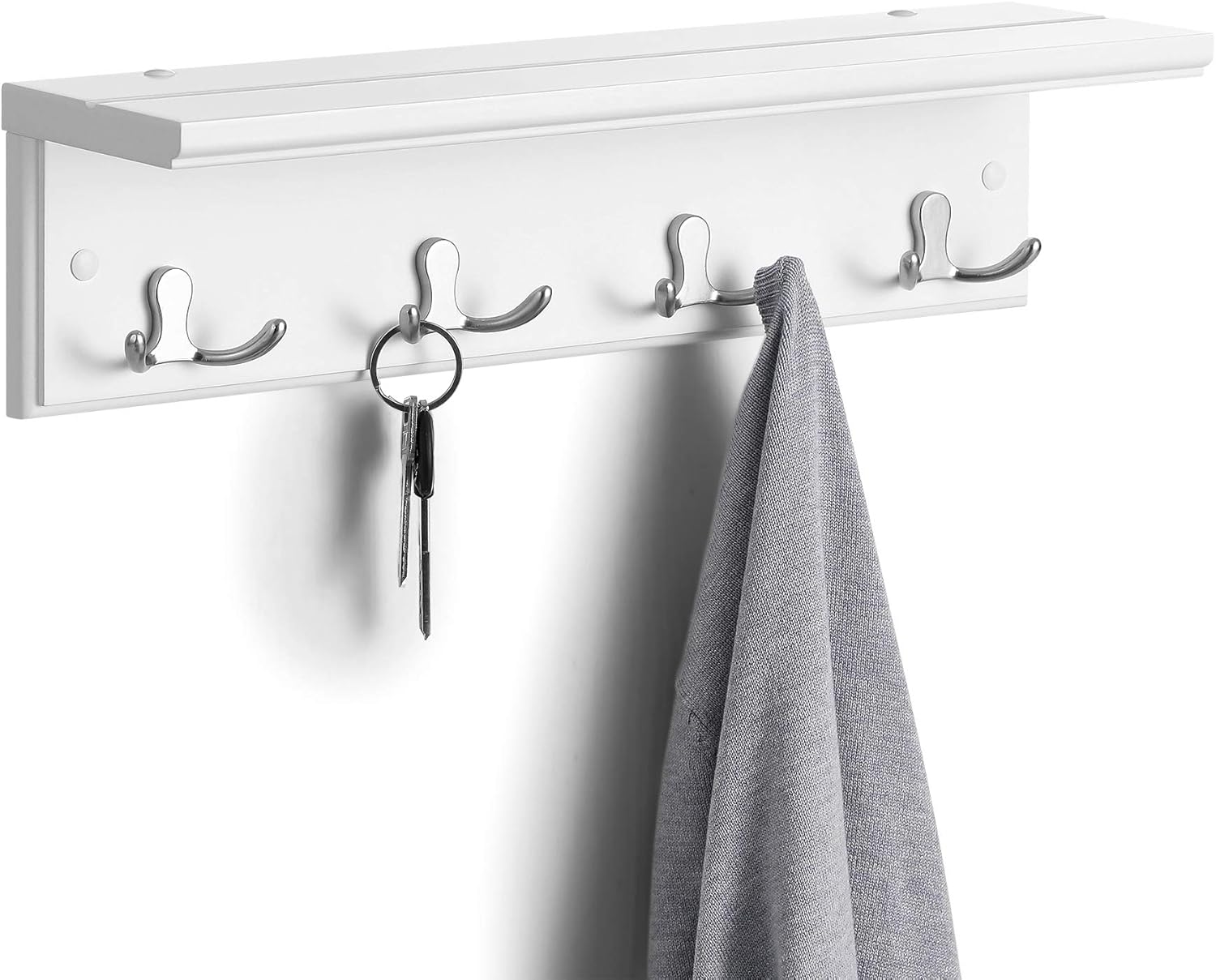 SONGMICS Cuier perete cu raft, 4 carlige duble metalice, MDF, 42x11x15 cm, alb