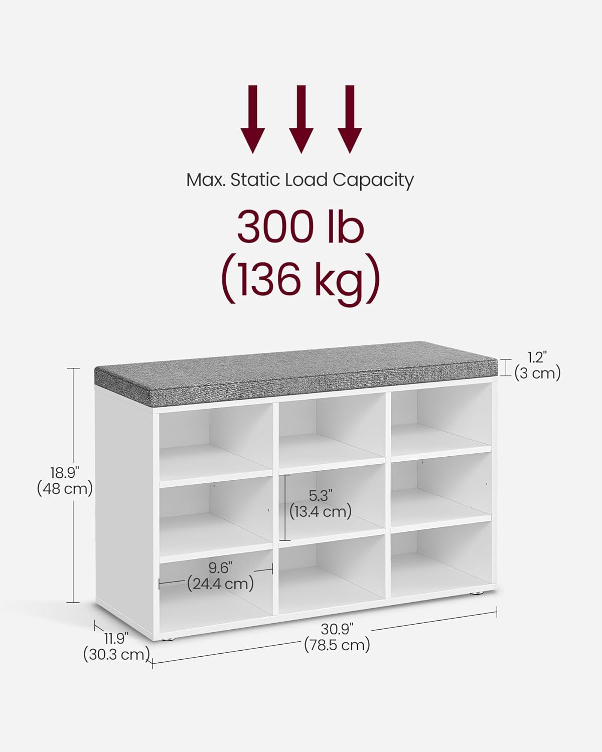 VASAGLE Pantofar cu banca cu 9 compartimente si perna, sarcina 136 kg, 79x30x48 cm, alb