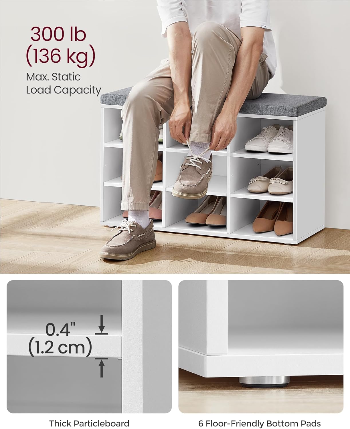 VASAGLE Pantofar cu banca cu 9 compartimente si perna, sarcina 136 kg, 79x30x48 cm, alb