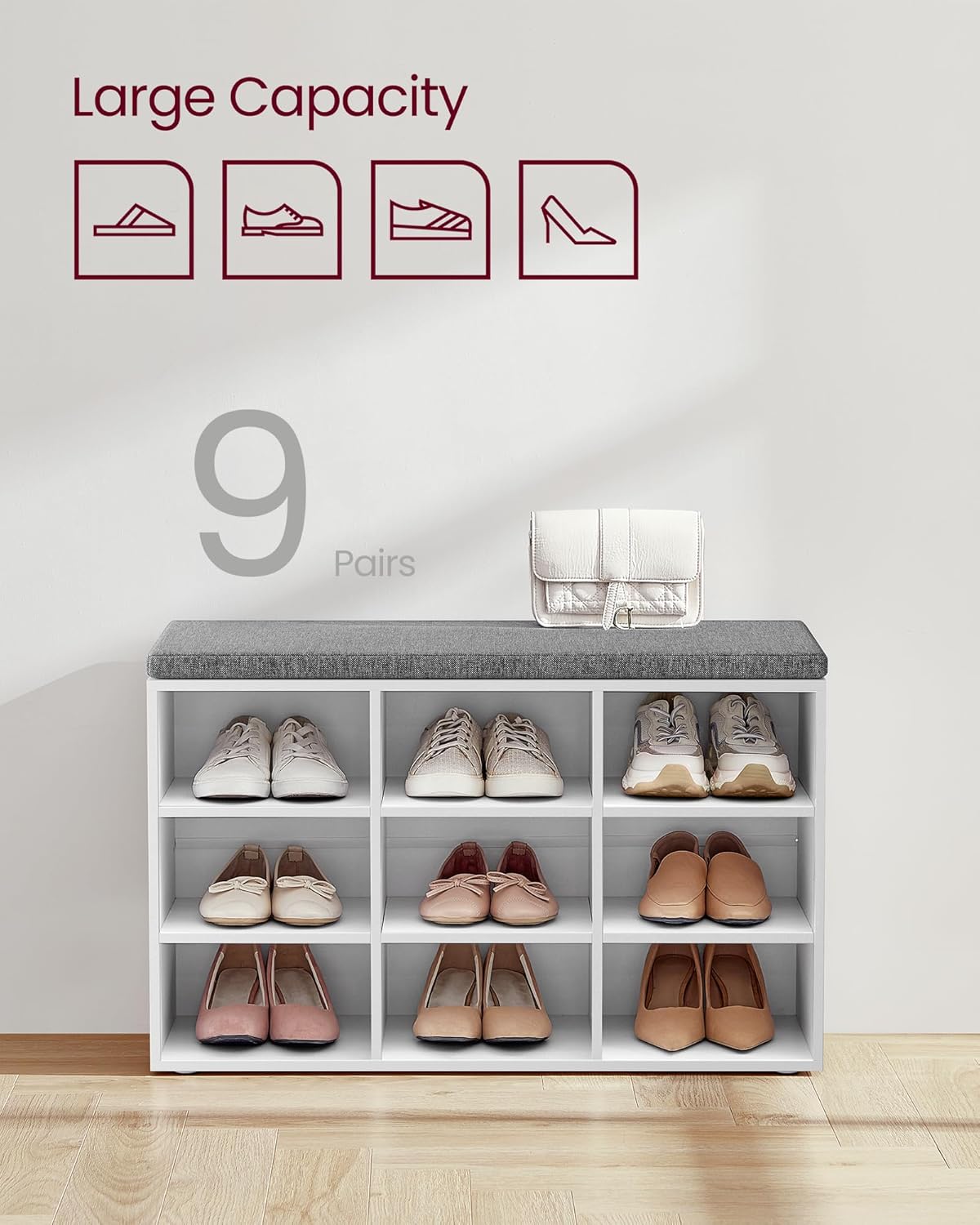 VASAGLE Pantofar cu banca cu 9 compartimente si perna, sarcina 136 kg, 79x30x48 cm, alb