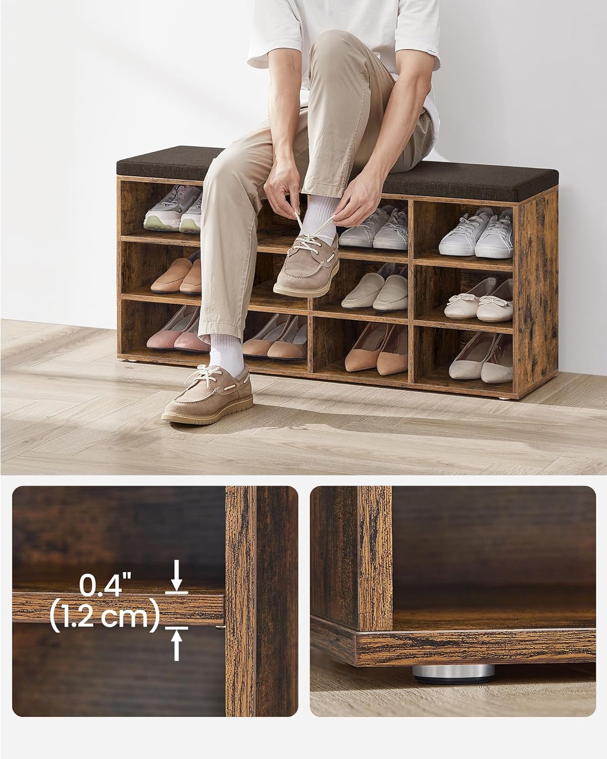 VASAGLE Pantofar cu banca cu 12 compartimente si perna, sarcina 136 kg, 104x30x48 cm, maro rustic
