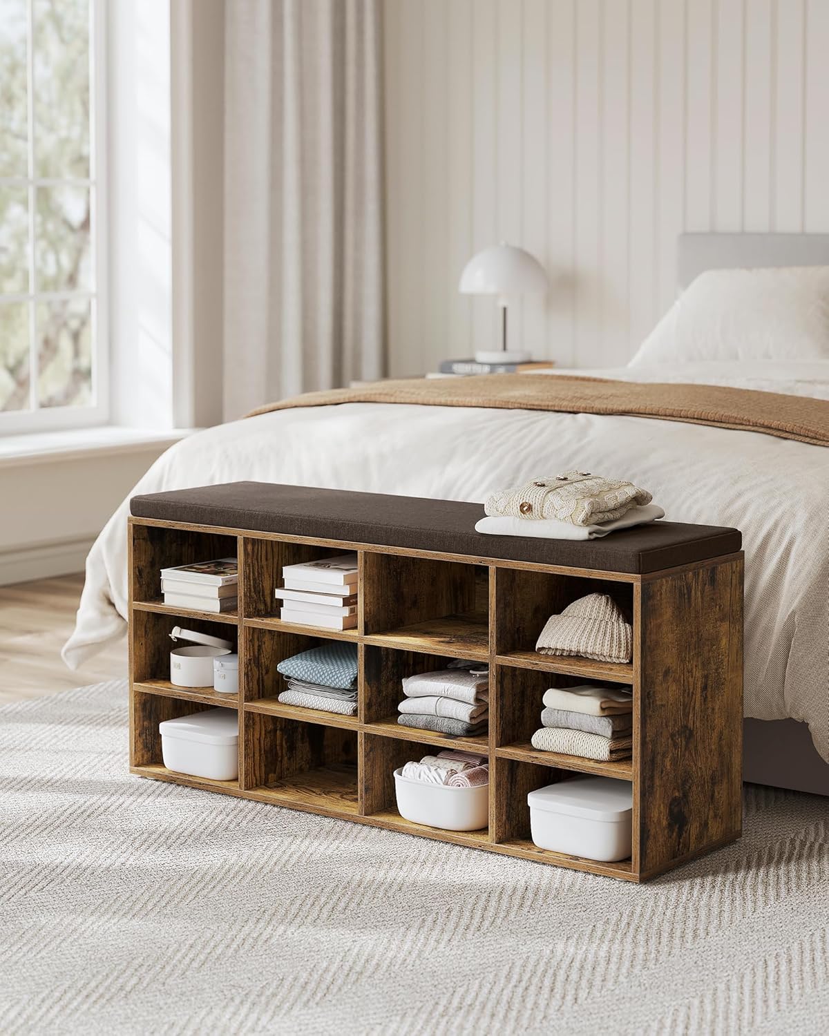 VASAGLE Pantofar cu banca cu 12 compartimente si perna, sarcina 136 kg, 104x30x48 cm, maro rustic
