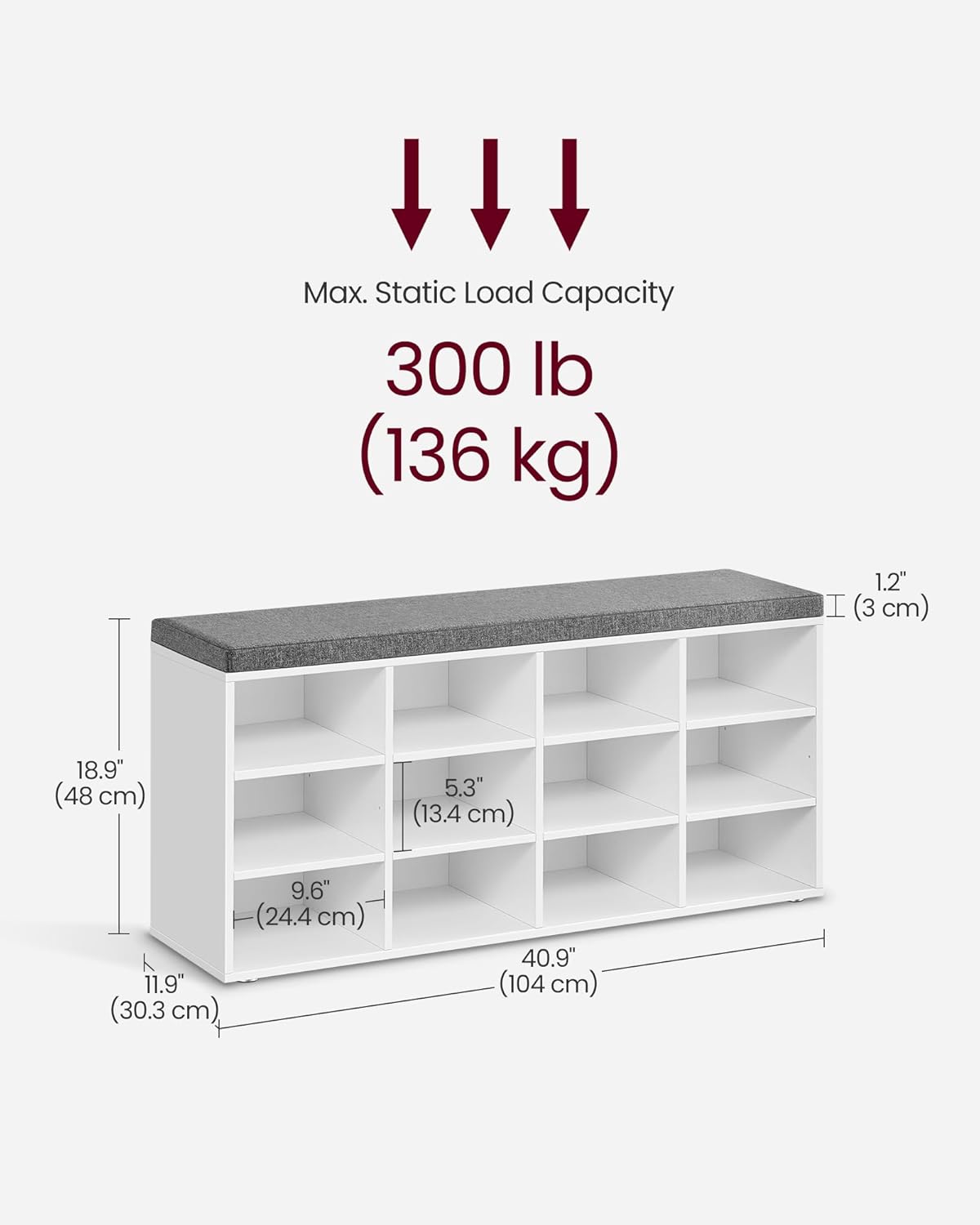 VASAGLE Pantofar cu banca cu 12 compartimente si perna, sarcina 136 kg, 104x30x48 cm, alb