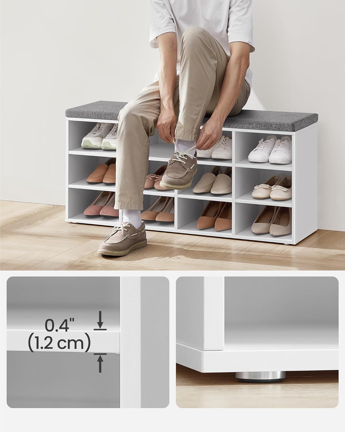 VASAGLE Pantofar cu banca cu 12 compartimente si perna, sarcina 136 kg, 104x30x48 cm, alb