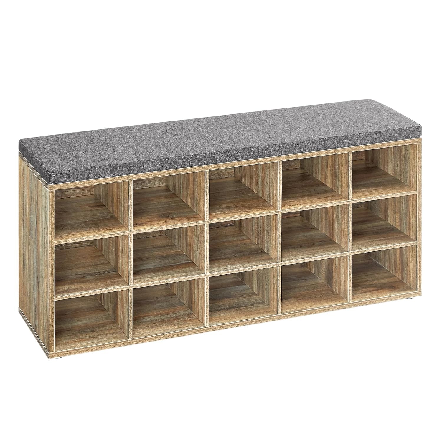 VASAGLE Banca pantofi cu sezut si perna, 15 compartimente deschise, PAL, 105x30x48 cm, gri stejar