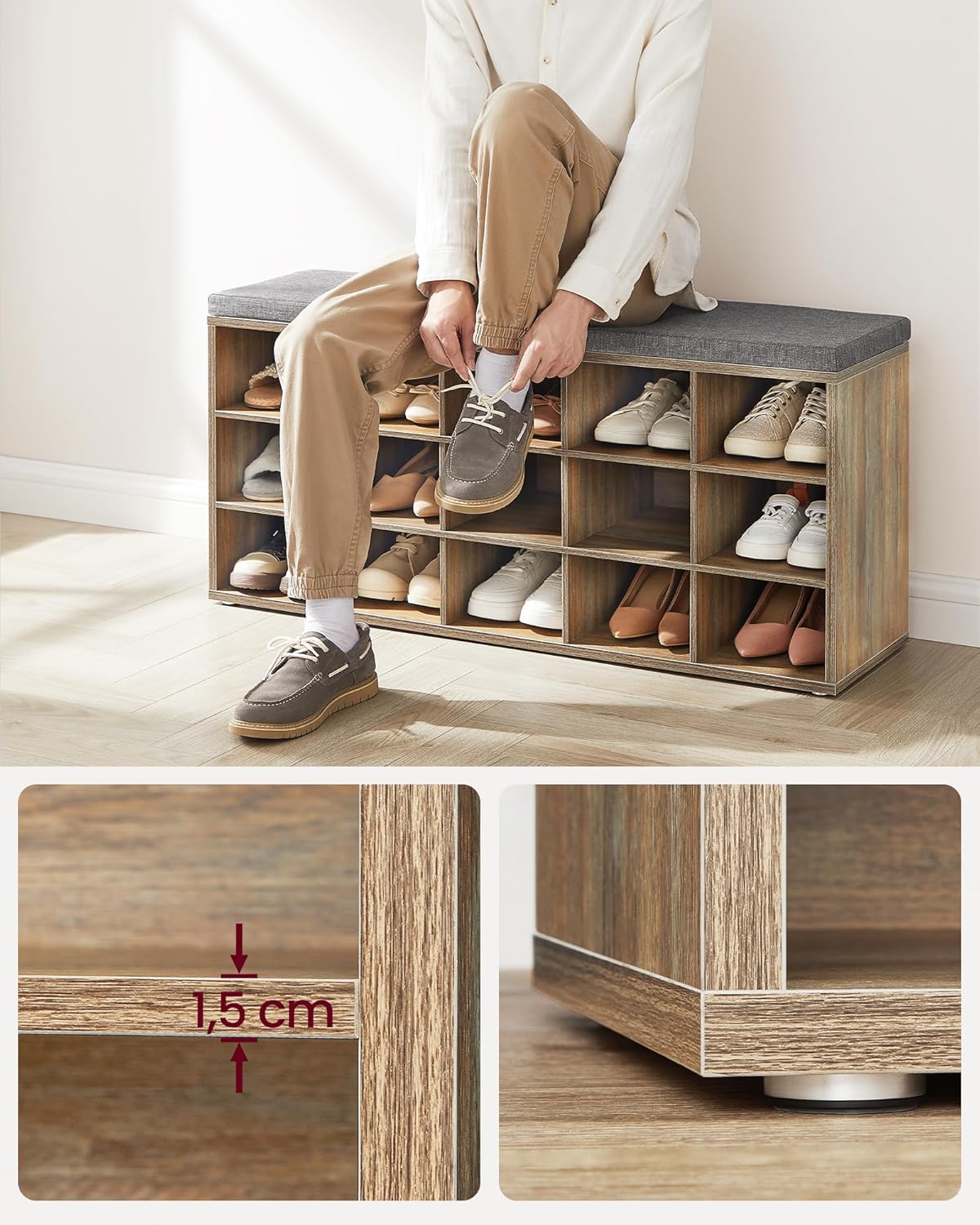 VASAGLE Banca pantofi cu sezut si perna, 15 compartimente deschise, PAL, 105x30x48 cm, gri stejar