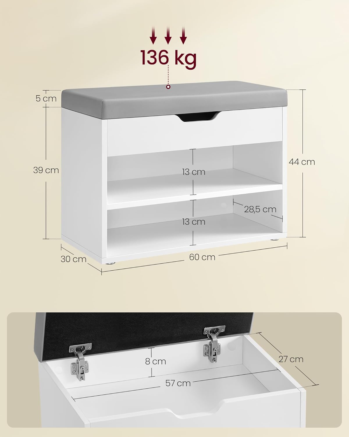 VASAGLE Pantofar cu bancheta tapitata, 3 compartimente, PAL si sezut din PU, 60x30x44 cm, alb
