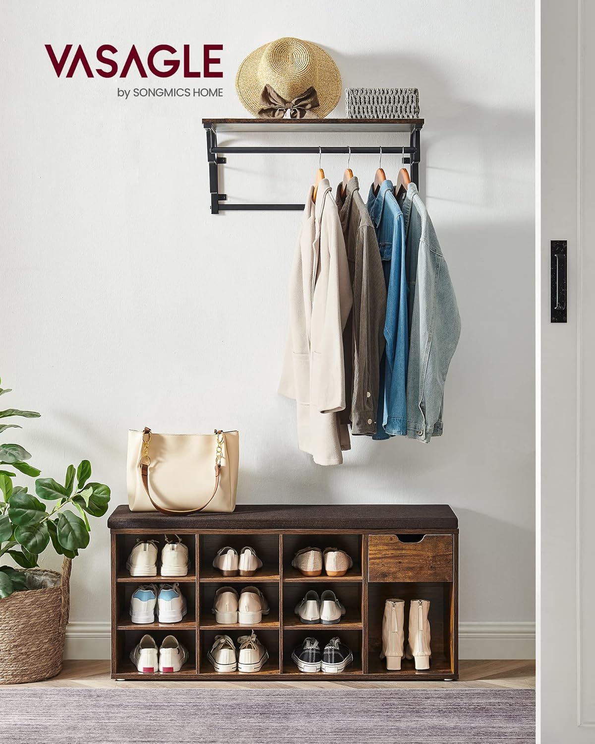 VASAGLE Banca de depozitare cu suport pentru pantofi, 10 compartimente si dulap, cu perna, 30x104x48cm, maro rustic