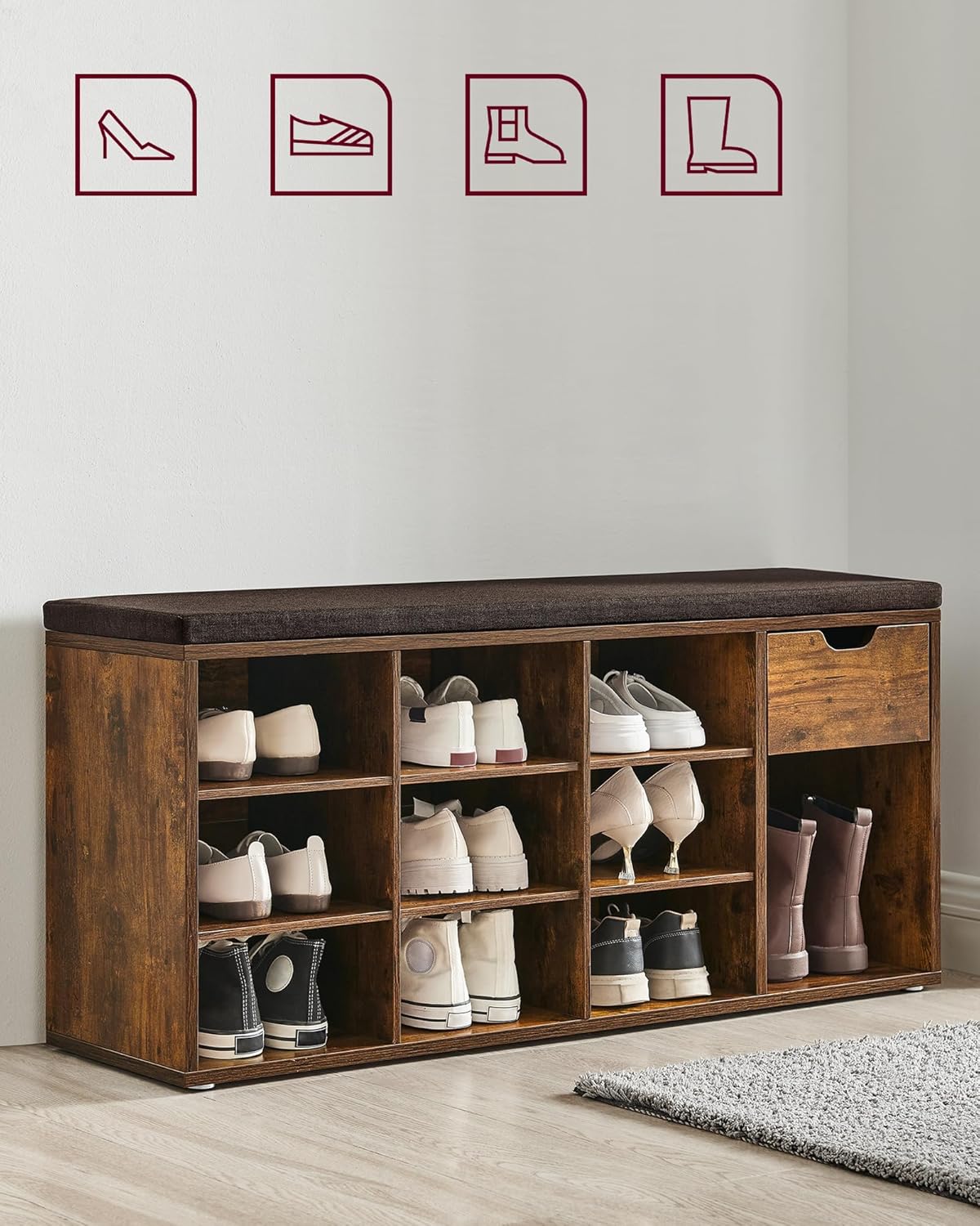 VASAGLE Banca de depozitare cu suport pentru pantofi, 10 compartimente si dulap, cu perna, 30x104x48cm, maro rustic