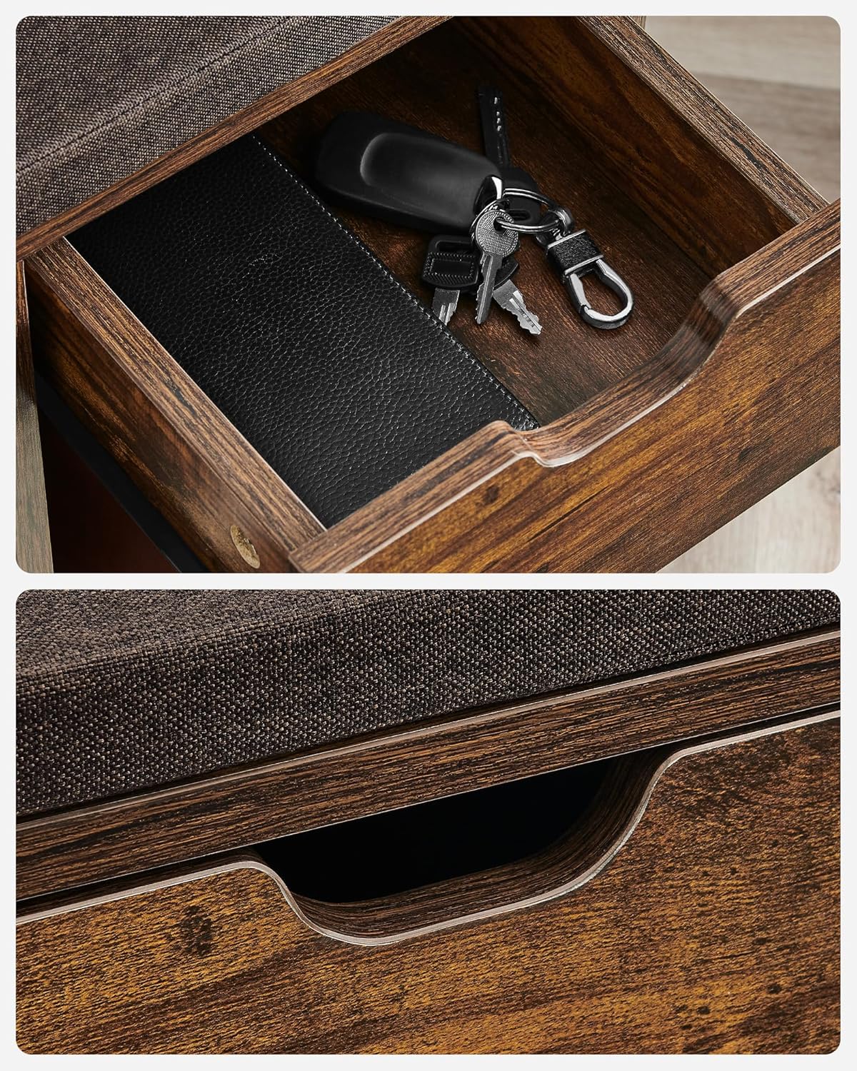 VASAGLE Banca de depozitare cu suport pentru pantofi, 10 compartimente si dulap, cu perna, 30x104x48cm, maro rustic