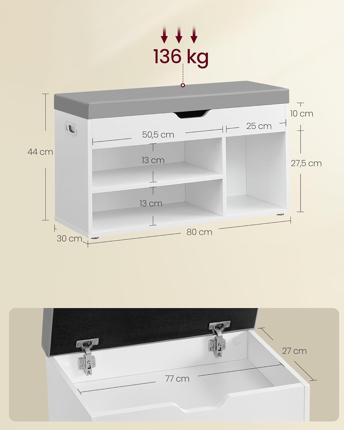 VASAGLE Pantofar cu banca, capitonata, 3 compartimente, sarcina 150 kg, 30x80x44 cm, modern, alb