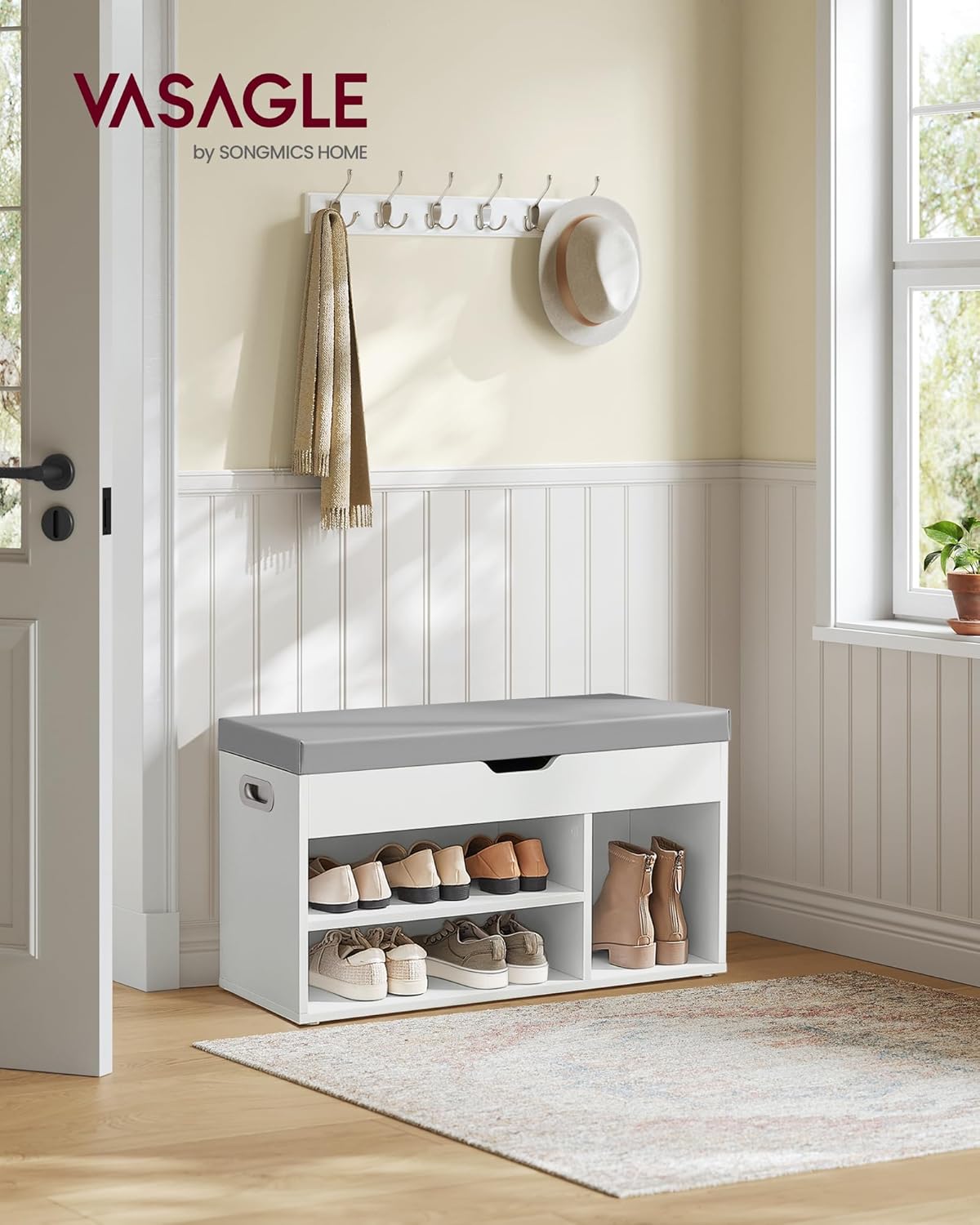 VASAGLE Pantofar cu banca, capitonata, 3 compartimente, sarcina 150 kg, 30x80x44 cm, modern, alb