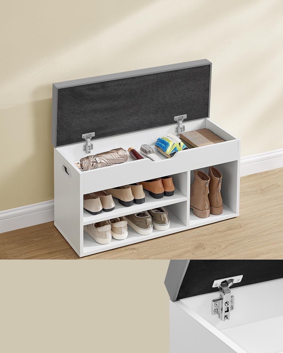 VASAGLE Pantofar cu banca, capitonata, 3 compartimente, sarcina 150 kg, 30x80x44 cm, modern, alb