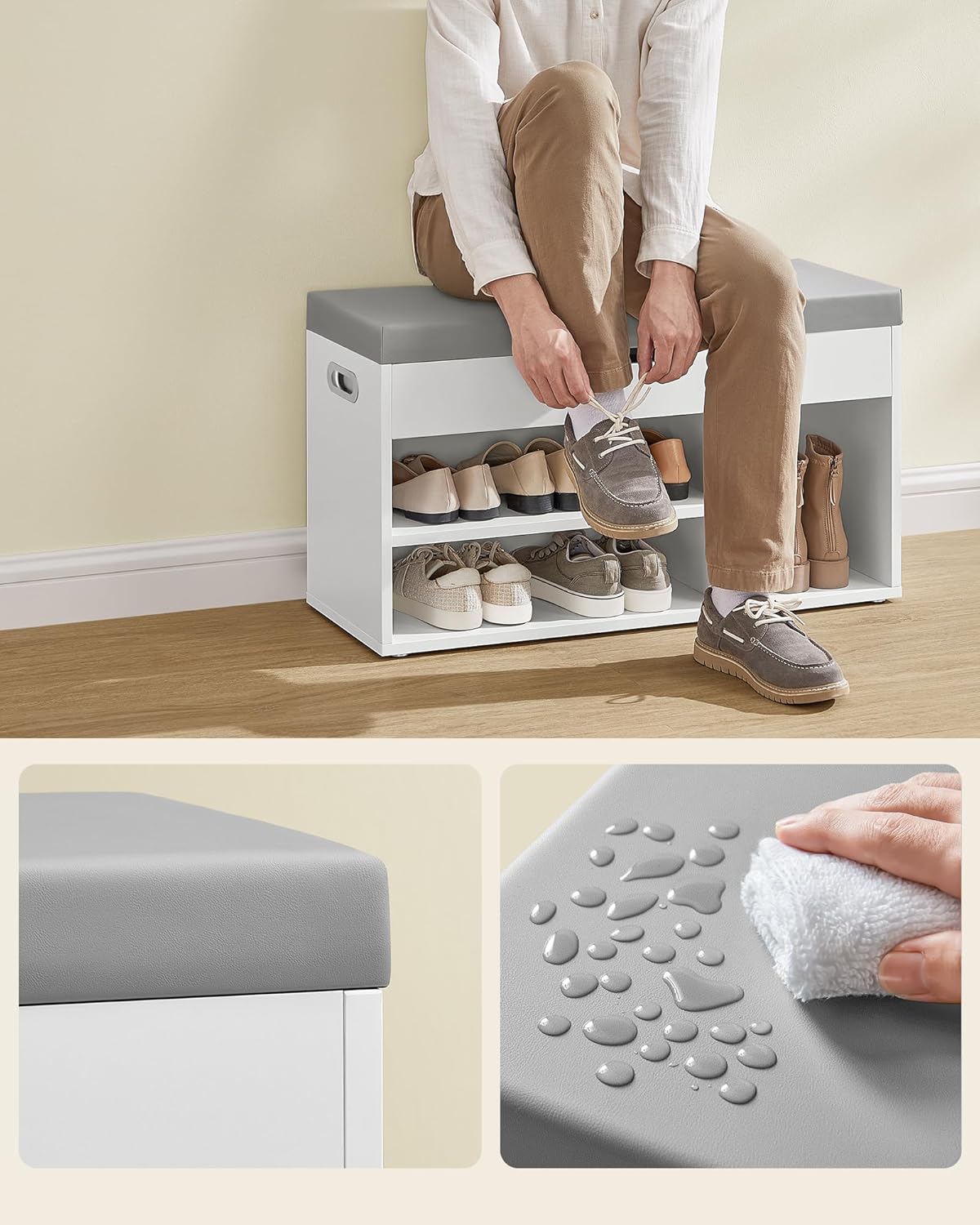 VASAGLE Pantofar cu banca, capitonata, 3 compartimente, sarcina 150 kg, 30x80x44 cm, modern, alb