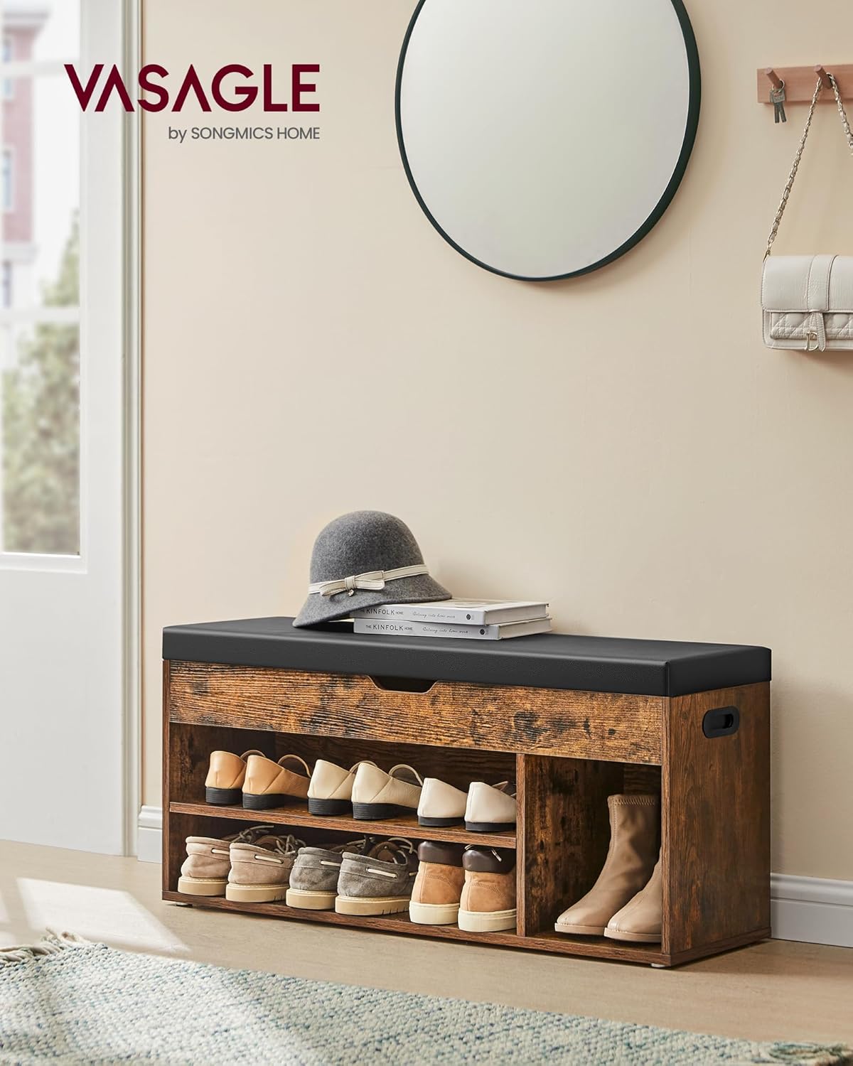 VASAGLE Pantofar cu banca capitonata, 3 compartimente, sarcina 150 kg, 30x100x44 cm, vintage, maro rustic