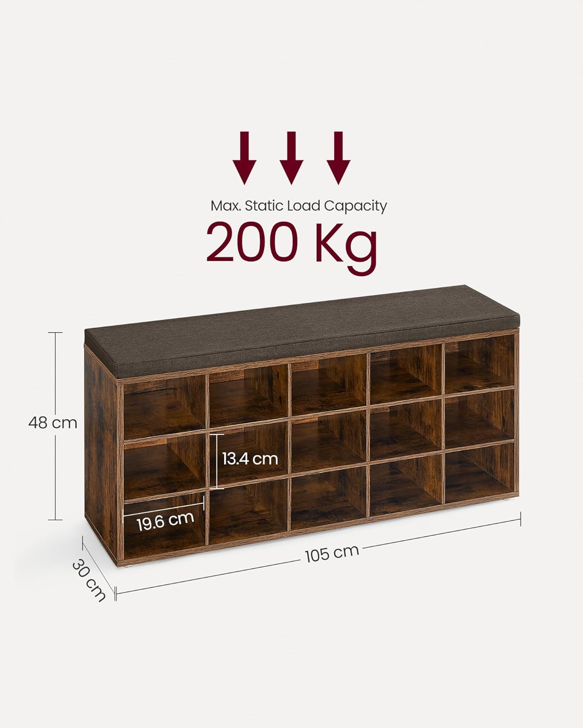 VASAGLE Banca pentru hol cu suport pentru pantofi, 15 compartimente, cu perna, 30x105x48cm, maro rustic