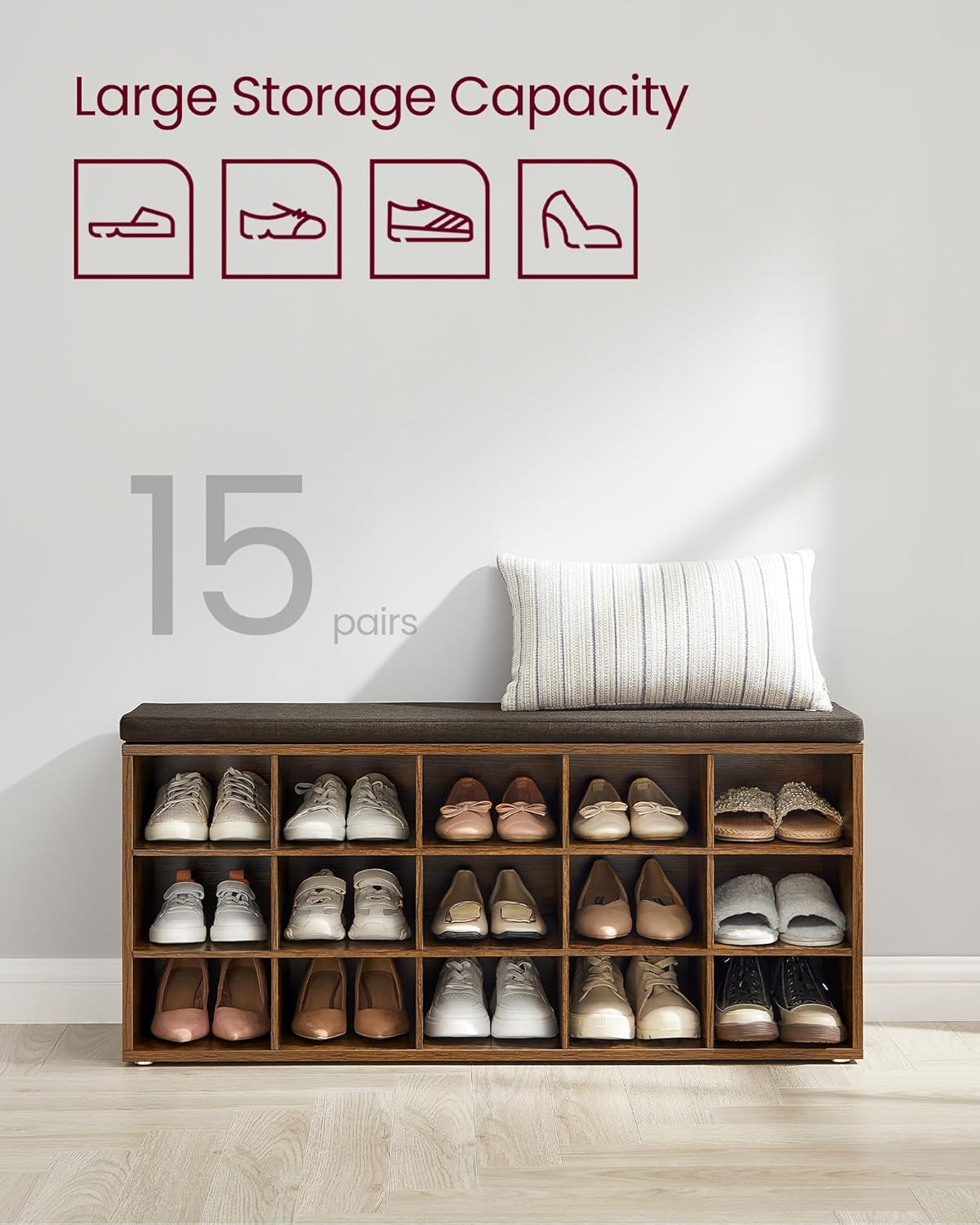 VASAGLE Banca pentru hol cu suport pentru pantofi, 15 compartimente, cu perna, 30x105x48cm, maro rustic