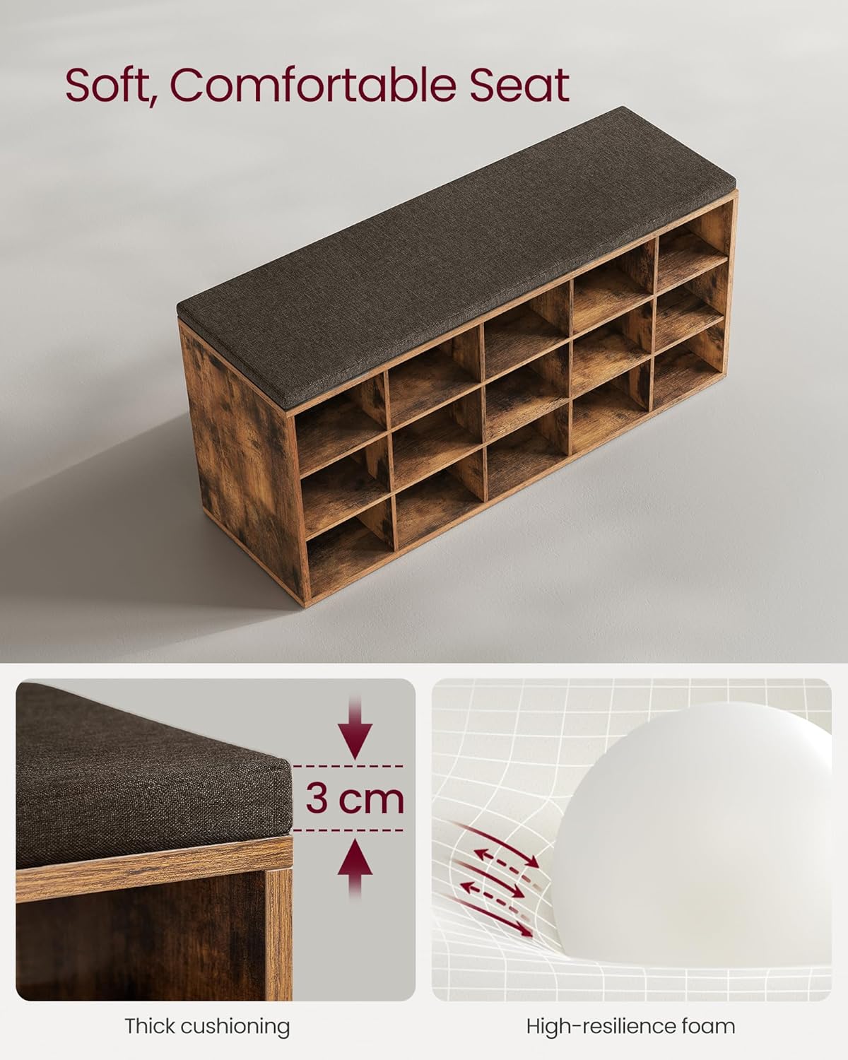 VASAGLE Banca pentru hol cu suport pentru pantofi, 15 compartimente, cu perna, 30x105x48cm, maro rustic